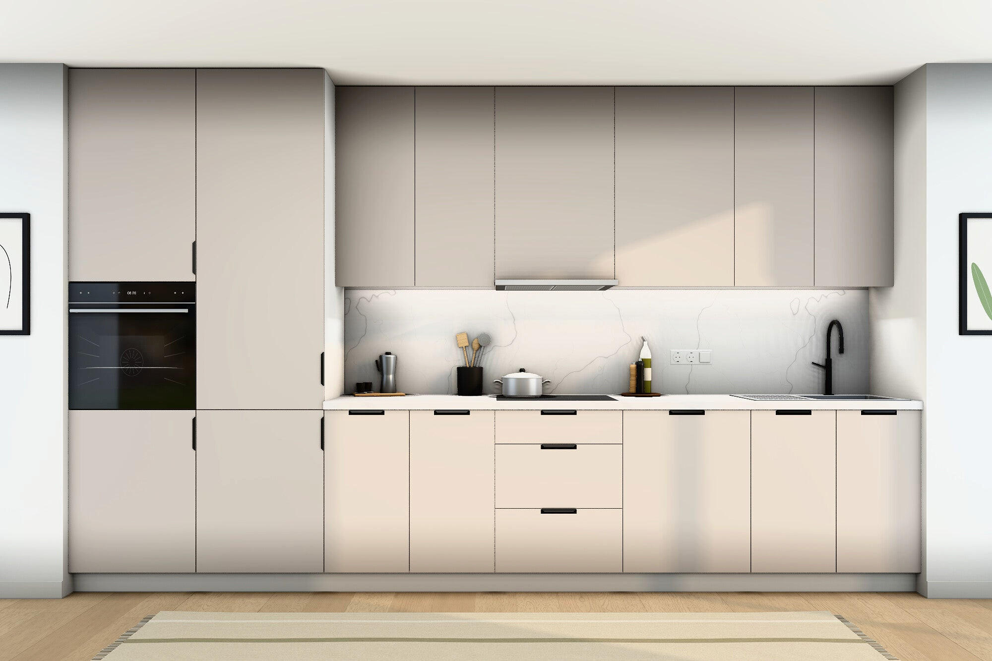 KÜCHENZEILE Sorento Weiß & Beige – 400 cm – K58-G400 L - Beige/Schwarz, Holzwerkstoff/Metall (400/247/58cm) - ROYAL24_MARKT