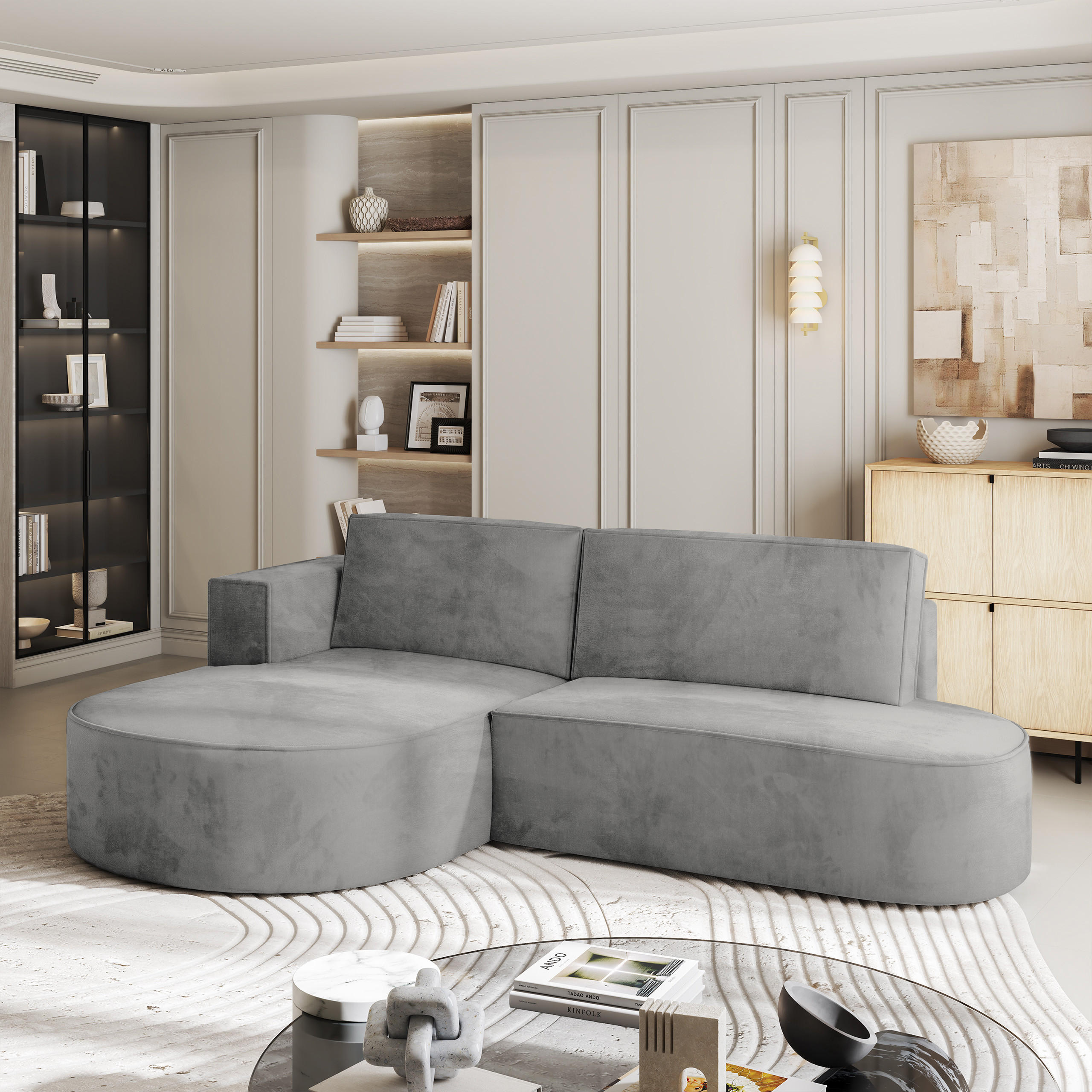 ECKSOFA CORTIO M L-S Grau Velours-Stoff mit Schlaffunktion - Grau, Holz (265/174cm) - MASSENO