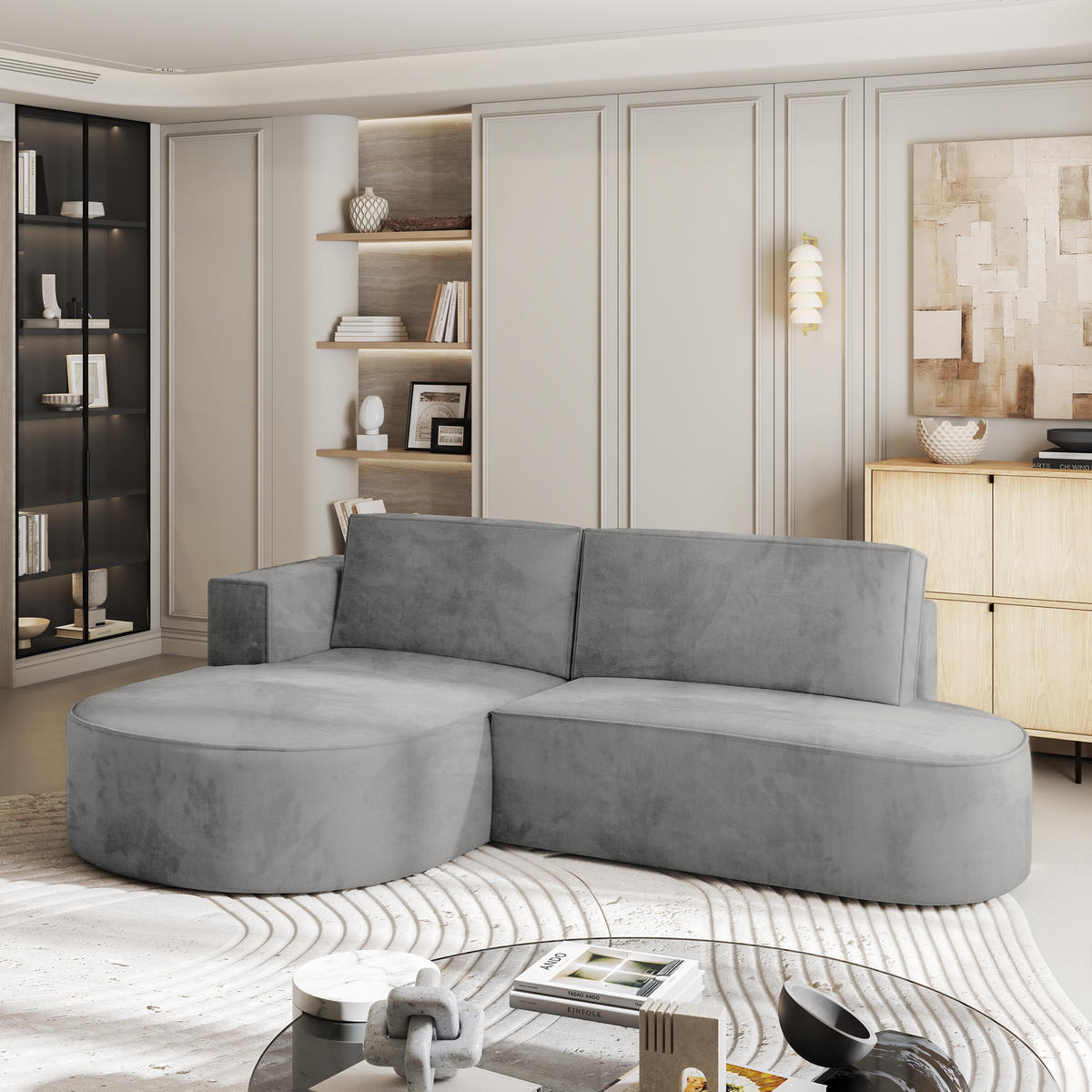 ECKSOFA CORTIO M L-S Grau Velours-Stoff mit Schlaffunktion - Grau, Holz (265/174cm) - MASSENO