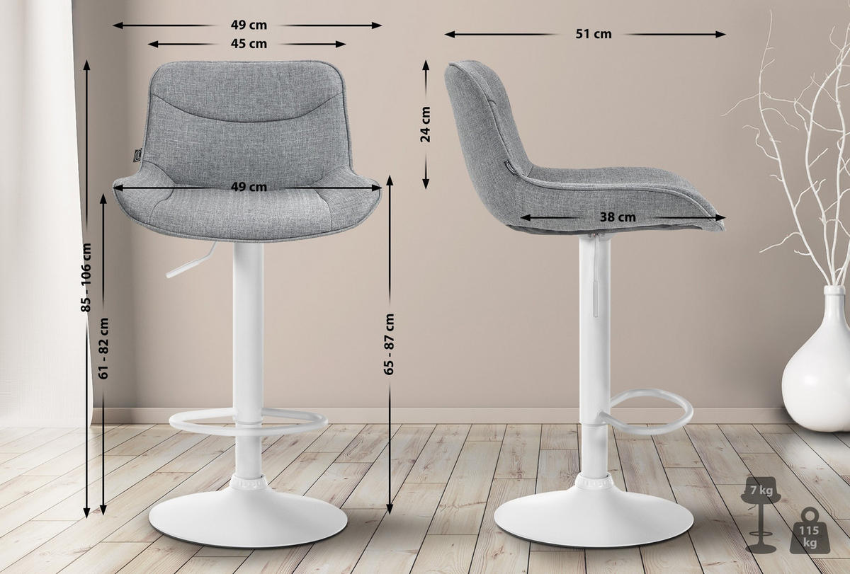 BARHOCKER 2er Set Stoff grau - Weiß/Grau, Textil/Metall (49/85/51cm) - CLP