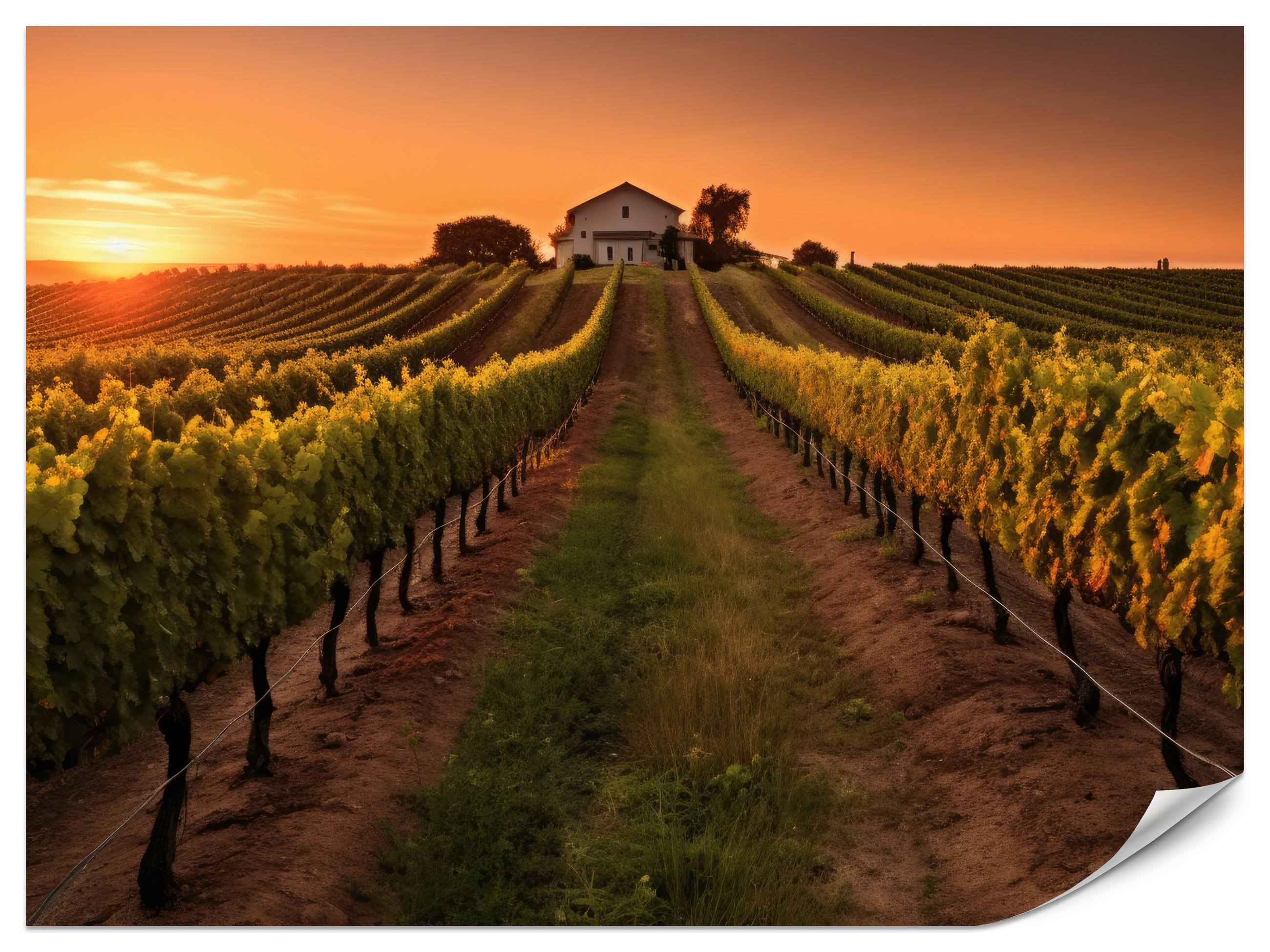 FOTOTAPETE für Esszimmer Weinberg Sonnenuntergang Obstgarten 450x315 - Gelb/Beige, Papier (450/315cm) - Muralo