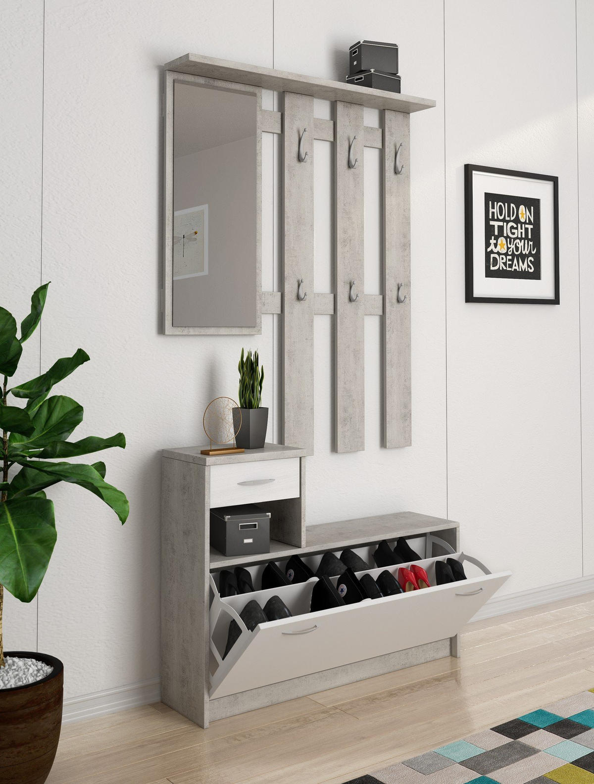 GARDEROBE Holz-Effekt Zement, Weiß 25x100h180 - Weiß/Grau, Holzwerkstoff (100/190/25.5cm) - DMORA