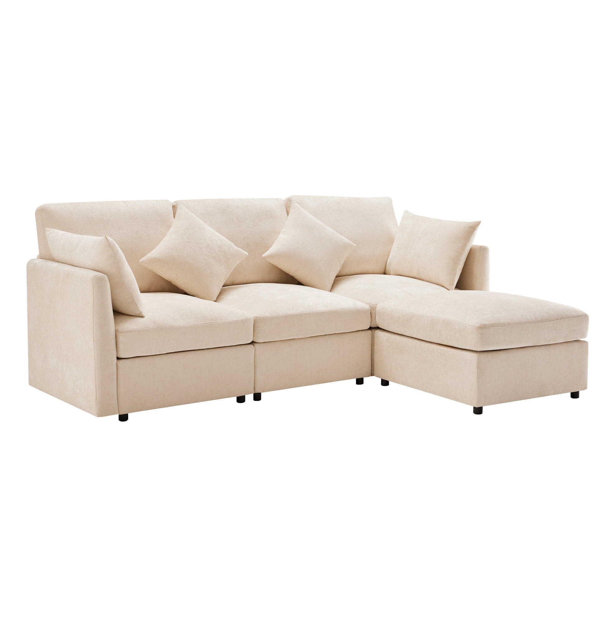 ECKSOFA Chenille mit Hocker 216/161/81 cm Beige inklusive 4 Kissen - Beige, Textil (161/216cm) - Redom