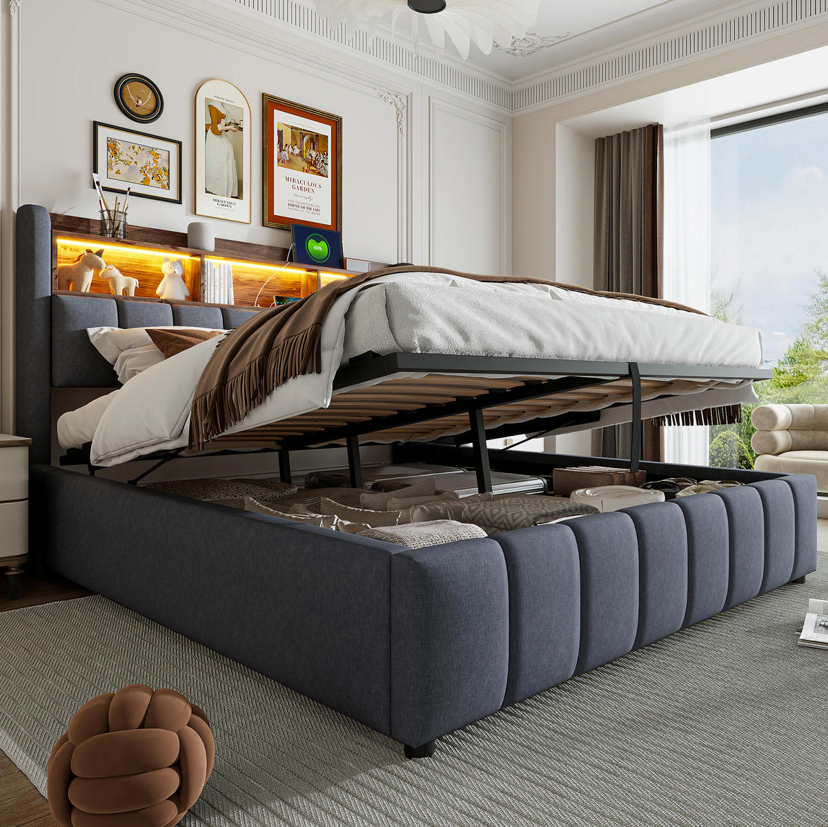 POLSTERBETT mit Leinenbezug 180x200 cm Grau mit LED-Beleuchtung, USB-C-Anschluss und Stauraum - Grau, Textil (180/200cm) - IVMEU