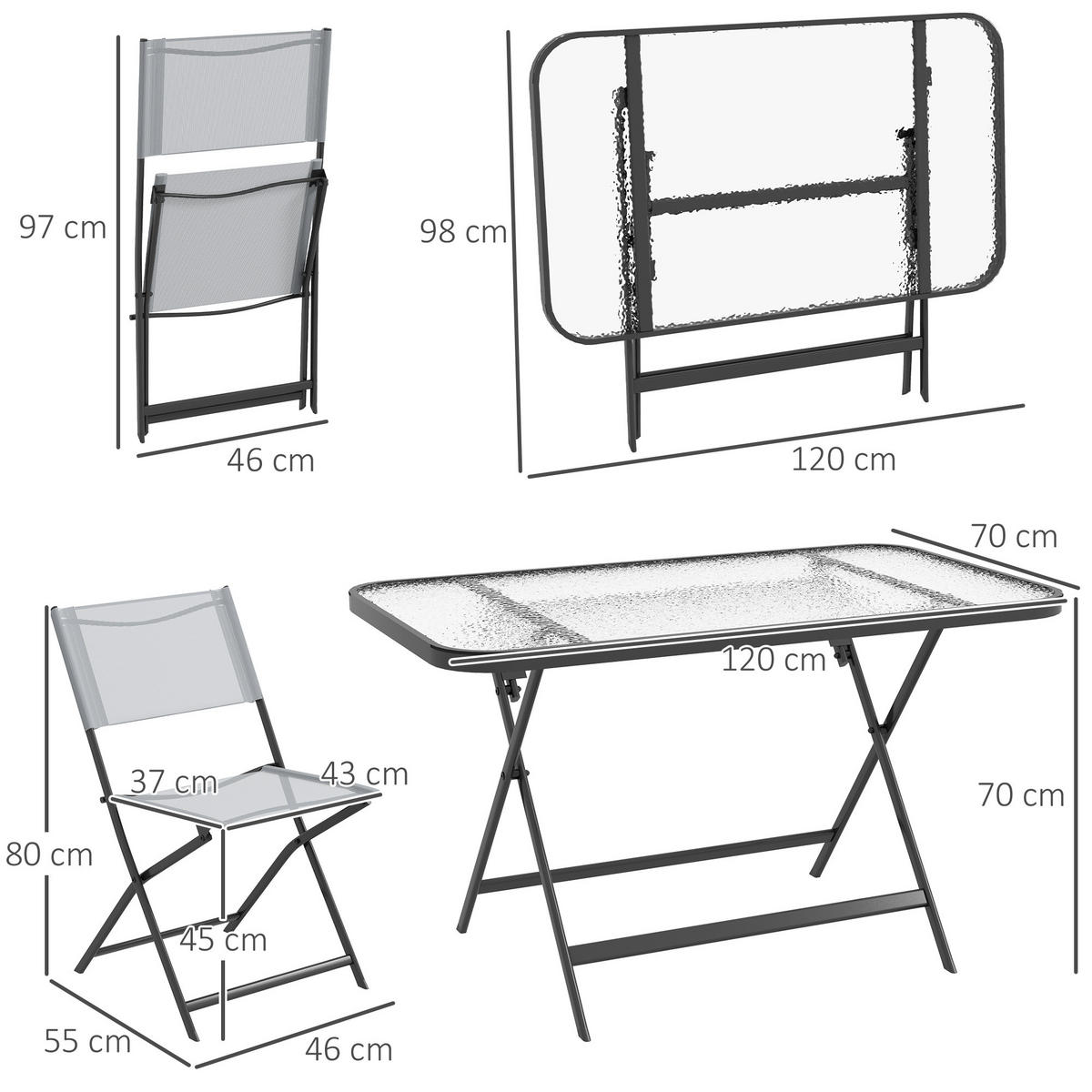 GARTENTISCHGRUPPE DE-18089 klappbar, 4 Sitzer, Glasplatte Grau - Grau, Metall - ComfortXL