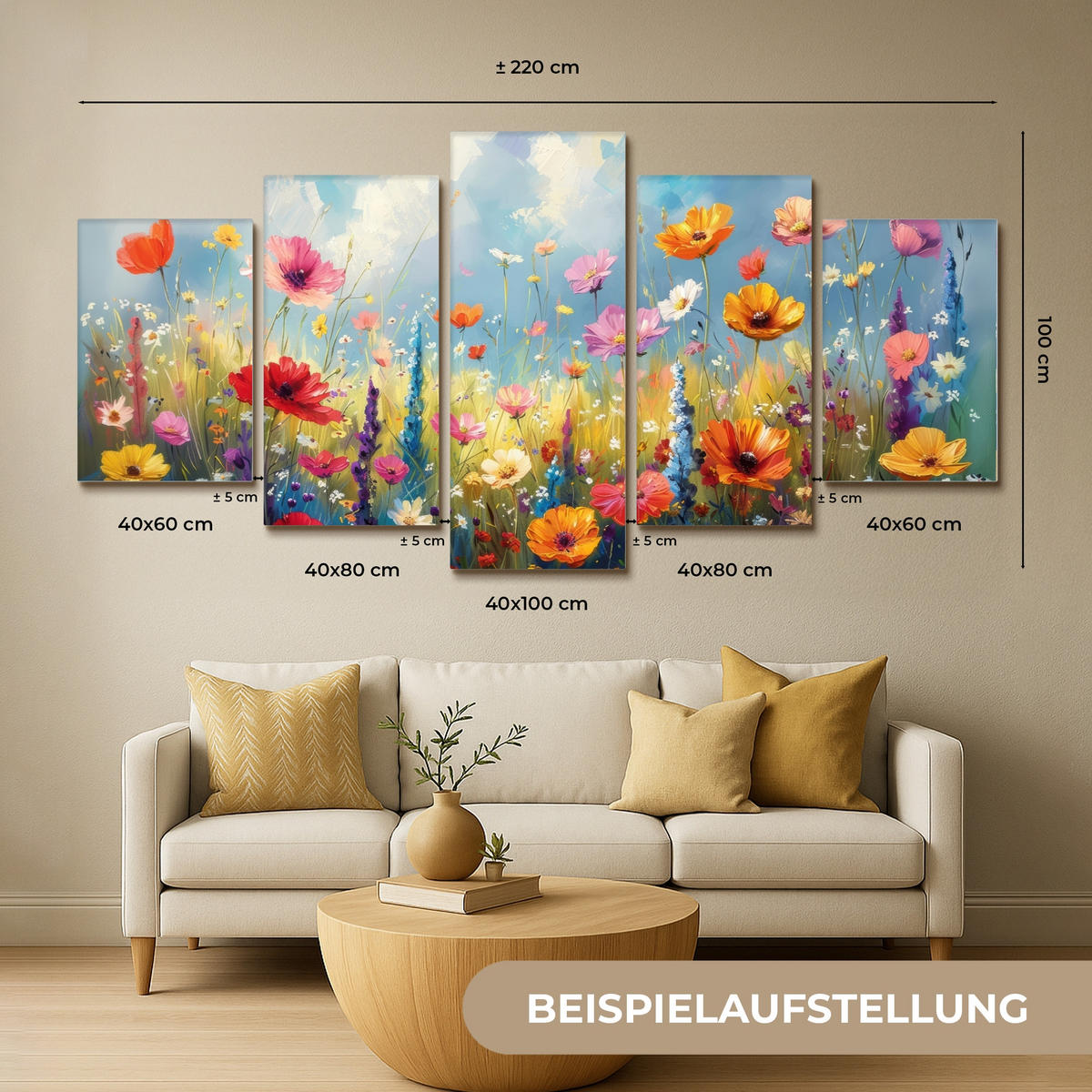 LEINWANDBILD 5er Set Blumen - Frühling - Farbenfroh - Sommerlich 200x100 cm - Orange, Textil (200/100cm) - MuchoWow