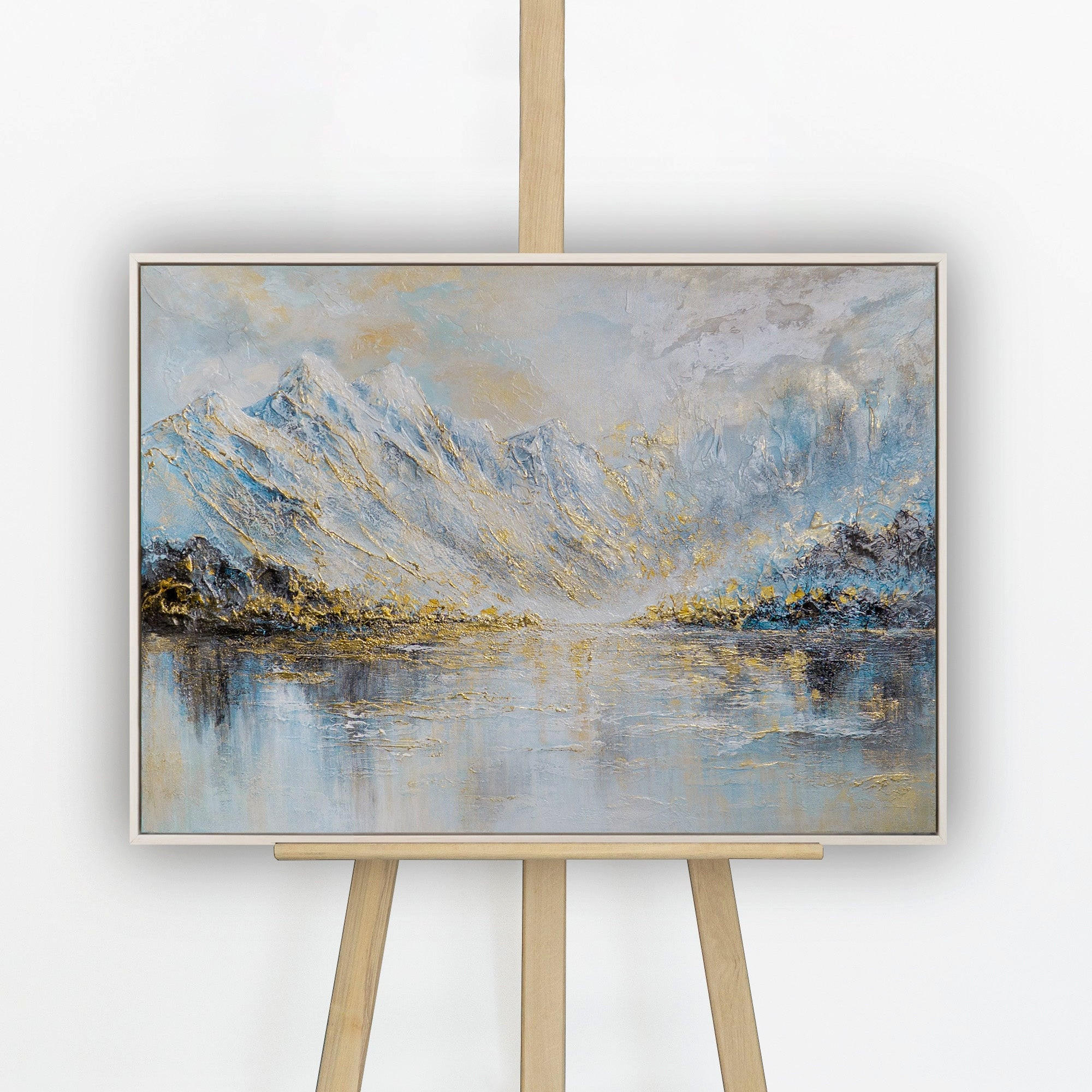 GEMÄLDE Bergspiegelung Schattenfugenrahmen Beige 70x50 cm - Beige, Holz (70/50cm) - YS-art gallery