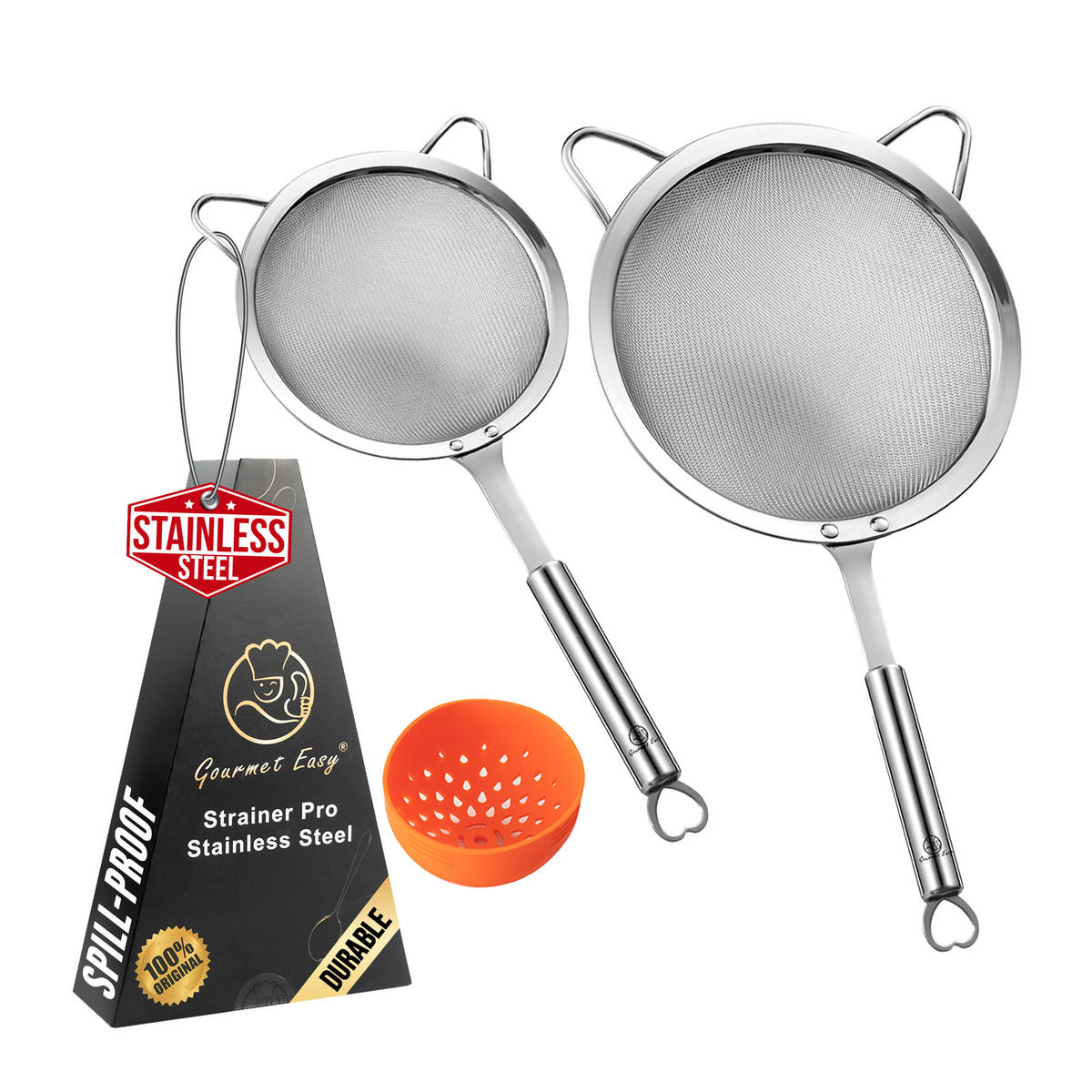 KÜCHENSIEB - Edelstahl,Sieb-Set, Edelstahl, 3-teilig: Mehlsieb, Nudelsieb und Silikon-Dosensieb - Edelstahlfarben, Metall (39/9/24cm) - Gourmet Easy