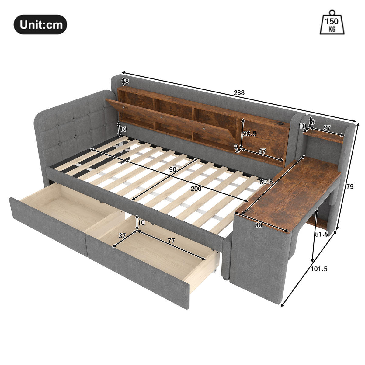 TAGEBETT 90x200cm Grau Leinen 2 Schubladen Schreibtisch USB-C - Grau, Holz (90/200cm) - FLIEKS