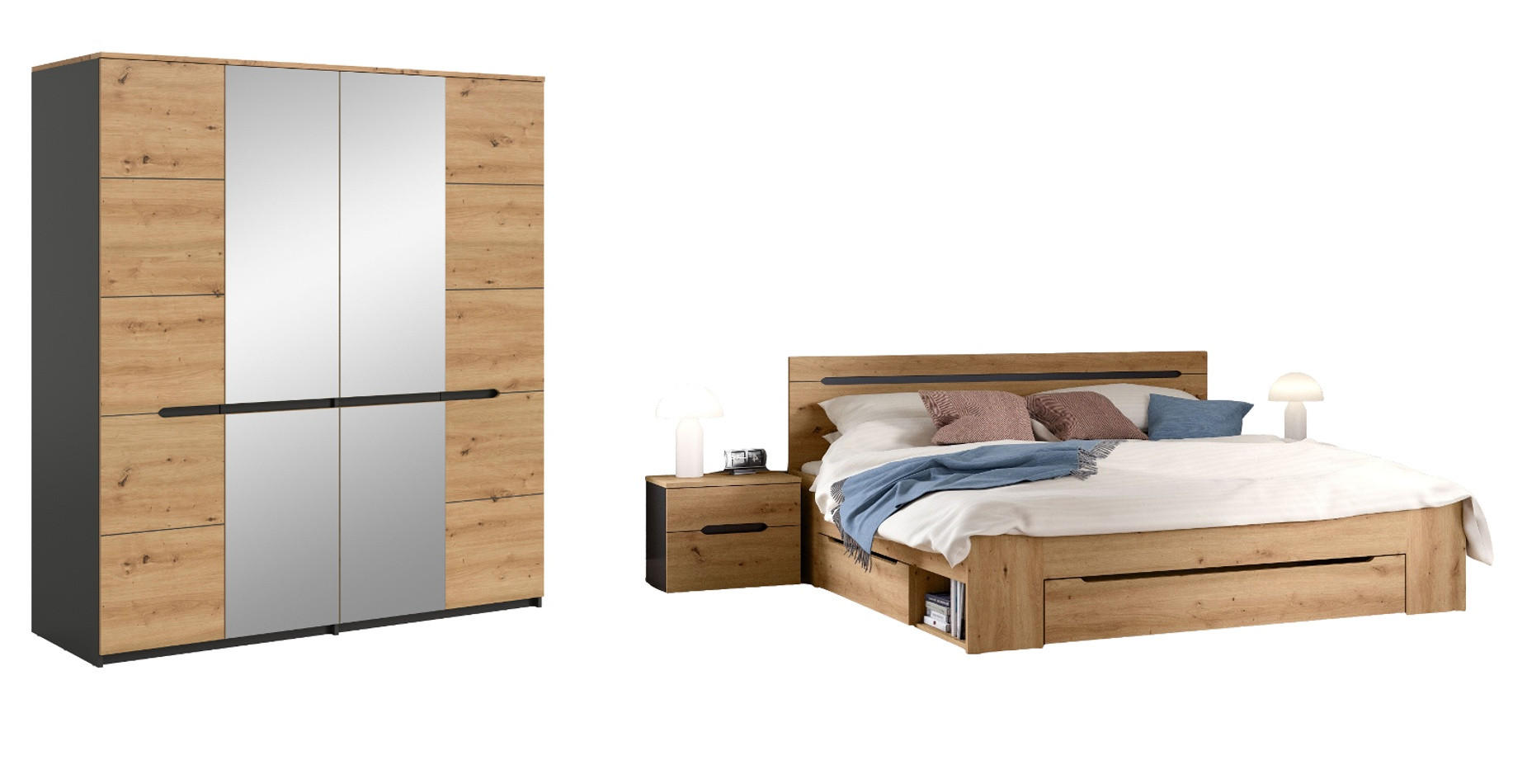 SCHLAFZIMMER Set 4-teilig Eiche Artisan, grau, Komplettset mit Kleiderschrank, Bett und 2x Nachttisch - Eiche Artisan/Grau, Glas/Holzwerkstoff - Inn.Furn