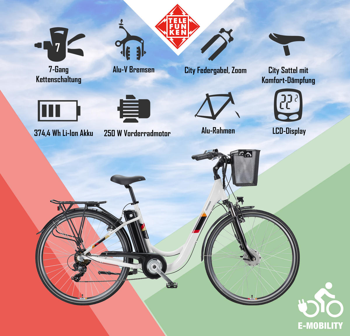 E-BIKE Cityrad Multitalent RC822 Für Damen u. Herren 374,4 Wh Frontmotor 7-Gang-Kettenschaltung 28 Zoll - Weiß, Metall (114.5cm) - Telefunken
