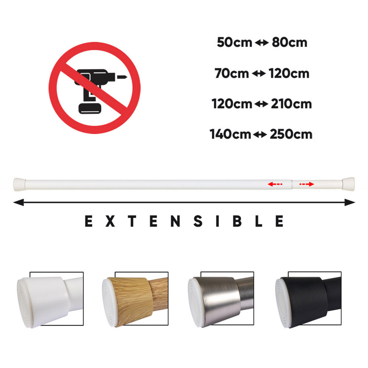 TELESKOP-VORHANGSTANGE mit Spannbefestigung Ø28 mm – Weiß (70–120 cm) - Weiß, Metall (2.8/120cm) - STORESDECO