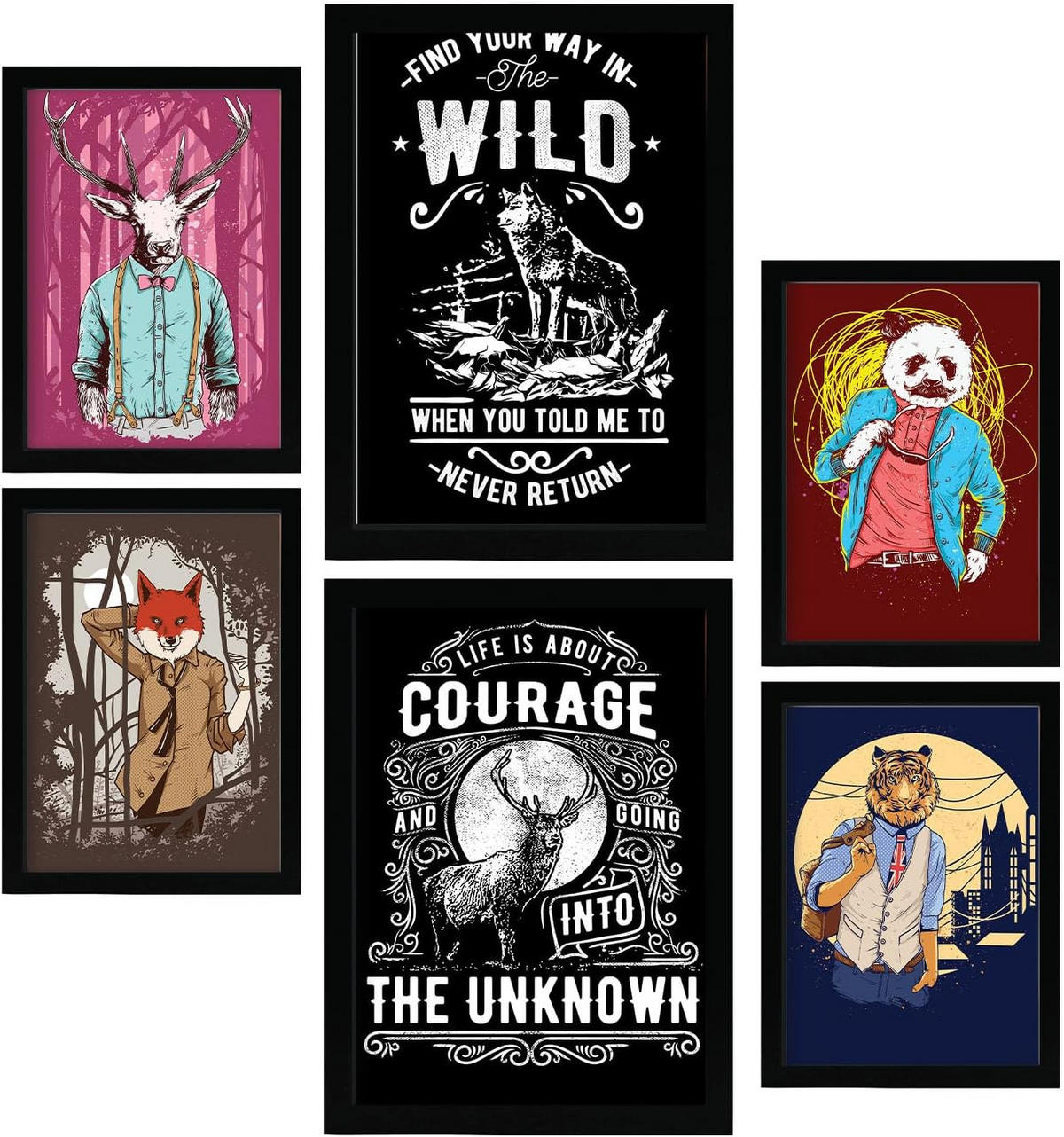 POSTER Set Mit 6 Wild In Rustikale Zitate A3 & A4 Weißer Rahmen - Weiß, Papier (29/3cm) - Nacnic