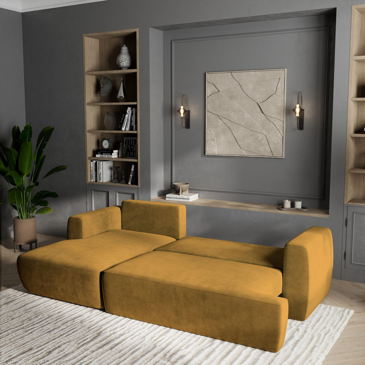 ECKSOFA SENTI K L-S Gelb Plüsch-Stoff mit Schlaffunktion - Gelb, Holz (246/148cm) - MASSENO