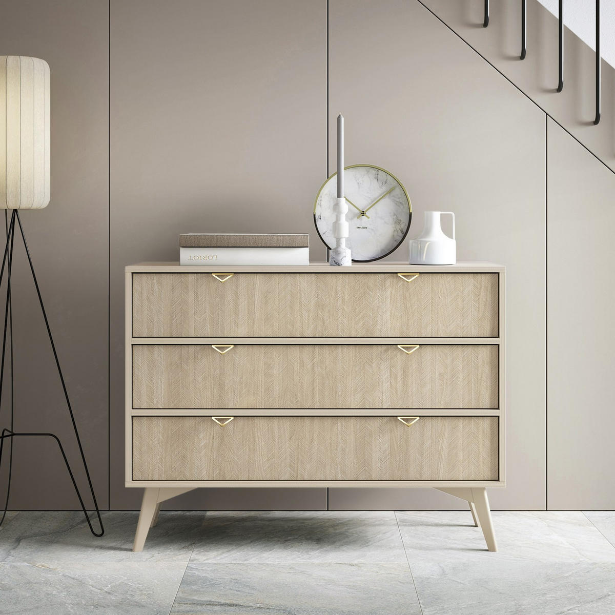 KOMMODE Silva 106 cm in Sandbeige + Scandi-Fischgrätmuster mit Schubladen - Beige/Goldfarben, Holz/Holzwerkstoff (106/81/38cm) - Ravio