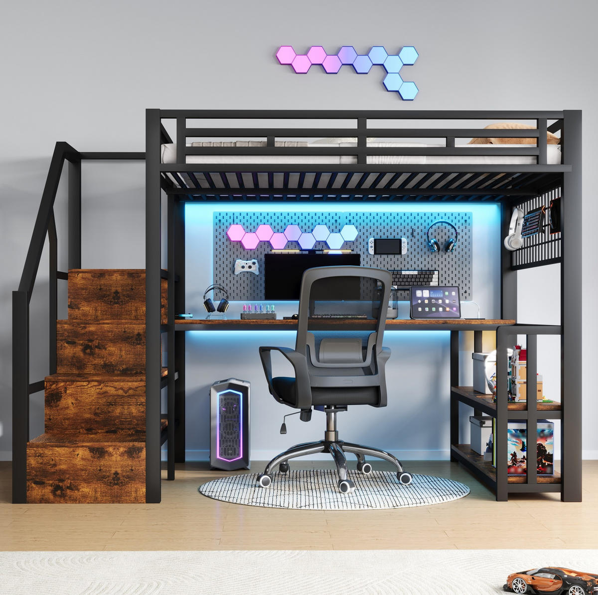 HOCHBETT 140/200 cm in Schwarz – mit Schreibtisch, Stauraumtreppe und LED - Schwarz, Metall (140/200cm) - BEAOK