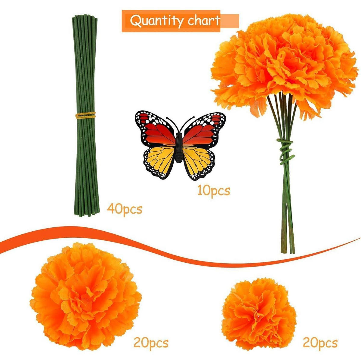 DEKO-SET Künstliche Ringelblumen & Schmetterlinge 40-teilig - Orange, Kunststoff (2cm)