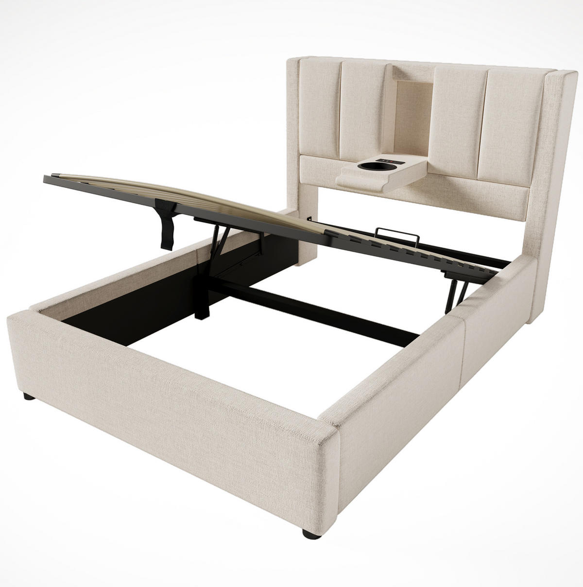 POLSTERBETT 90/200 cm Beige mit Stauraum, Matratze und USB- und Type-C-Anschlüssen - Beige, Textil (90/200cm) - Flora Grace