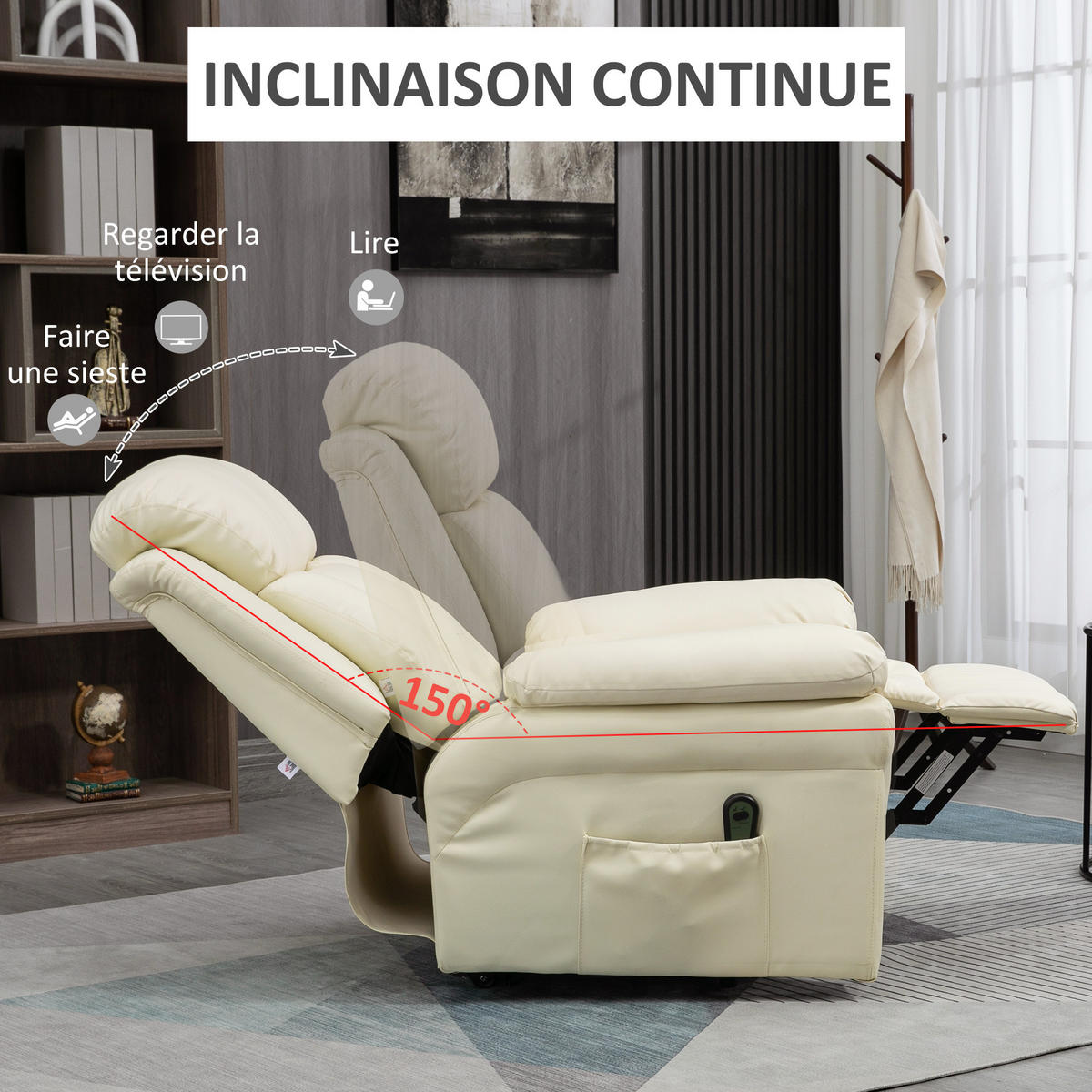 RELAXSESSEL DE-15412 elektrisch verstellbar mit Aufstehhilfe Creme - Creme, Leder (93/105/96cm) - ComfortXL