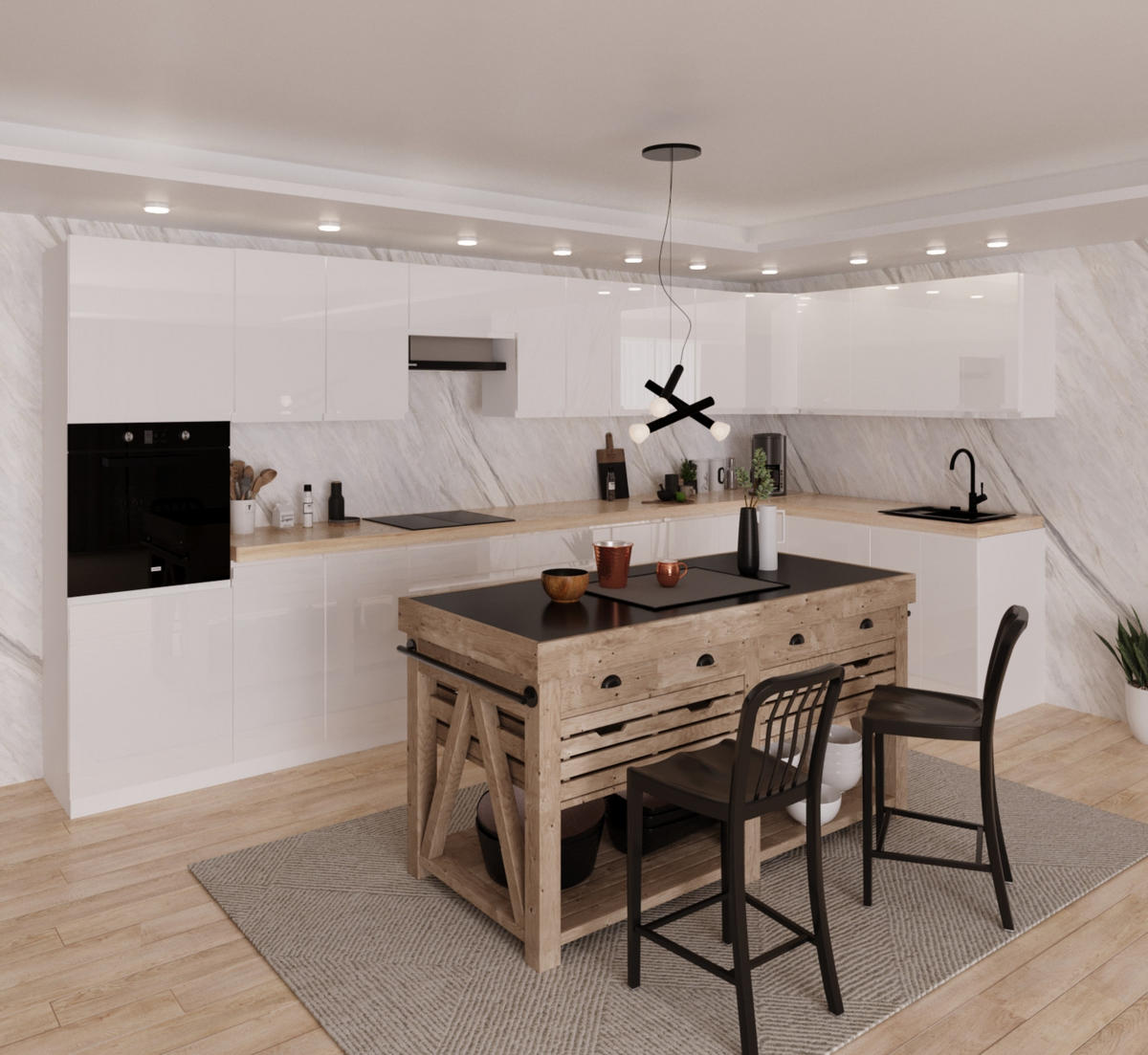 WINKELKÜCHE 420 cm x 200 cm - Aspen KA8-M420 - in Weiß/Hochglanz - Weiß Hochglanz, Holz/Holzwerkstoff (620/212/58cm)