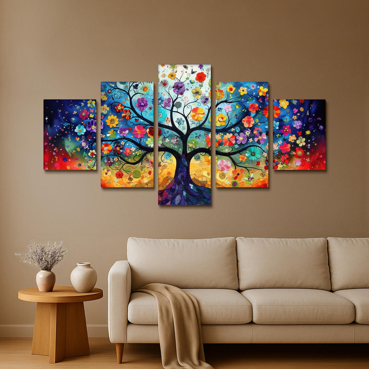 LEINWANDBILD 5er Set Bunt - Baum des Lebens - Blumen - Abstrakt 150x80 cm - Blau, Textil (150/80cm) - MuchoWow