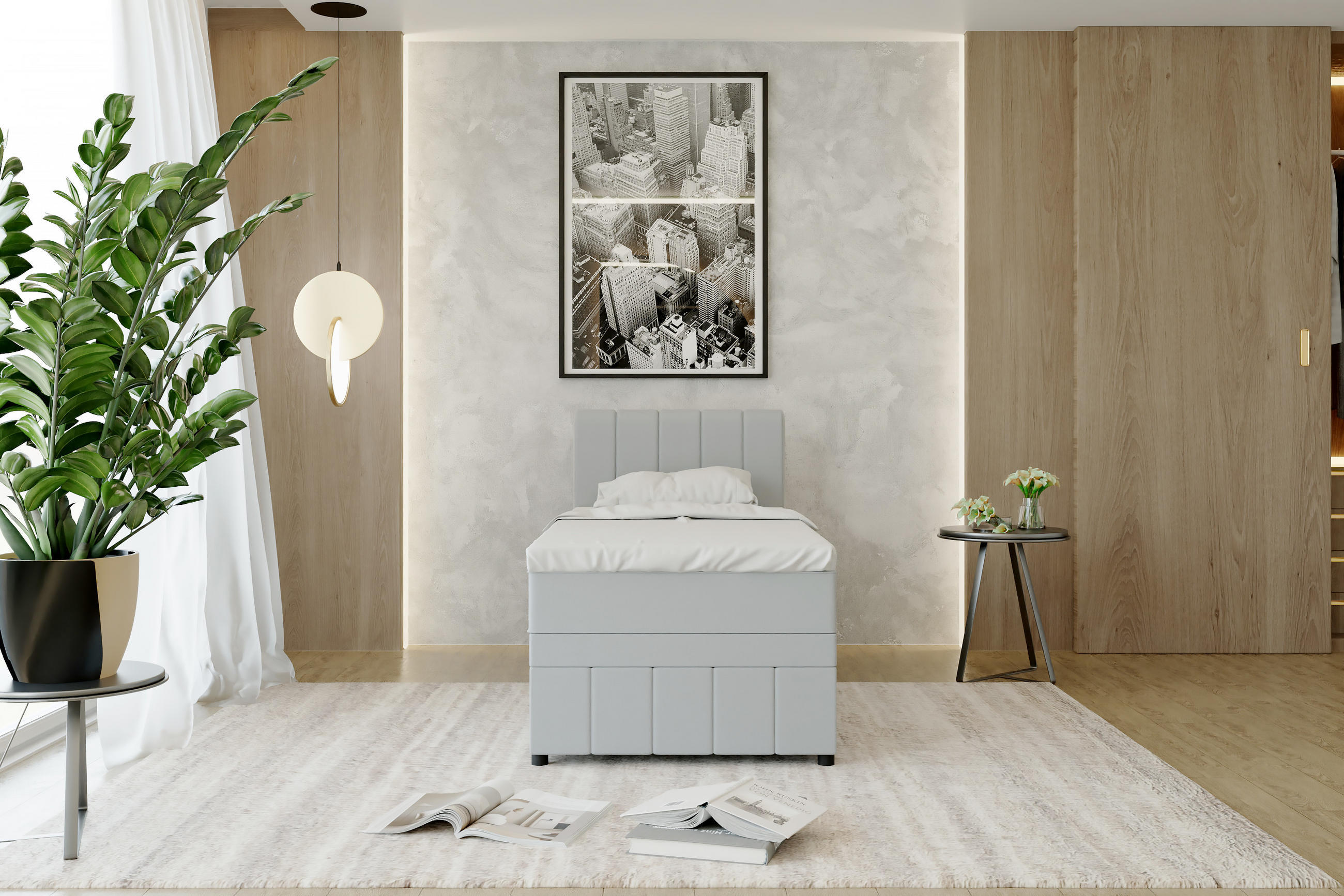 BOXBETT AVALON 90 x 200 cm mit Bettkasten und Topper - Hellgrau - Hellgrau, Holz - Panda Möbel