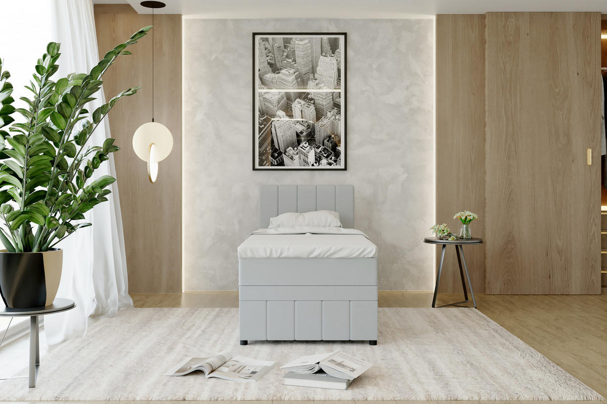 BOXBETT AVALON 90 x 200 cm mit Bettkasten und Topper - Hellgrau - Hellgrau, Holz - Panda Möbel