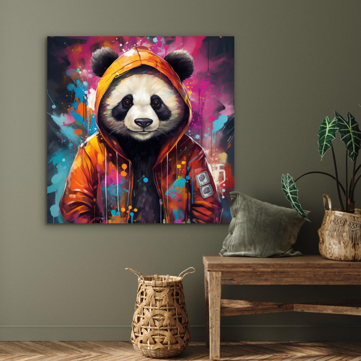 METALLBILD Panda - Jacke - Graffiti - Orange 90x90 cm - Orange, Metall (90/90cm) - MuchoWow