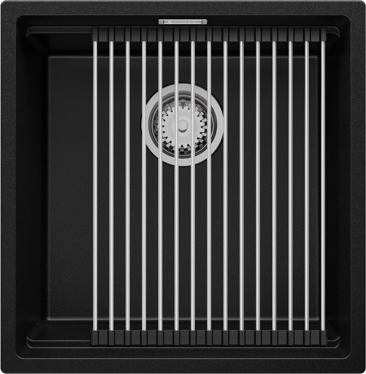 UNTERBAUSPÜLE GRANIT Praga, 2-er set Schwarz 46/47 cm 1 Becken + Ablauf-Set + Aufrollbare Abtropffläche ab 50er Unterschrank - Chromfarben/Schwarz, Kunststoff (46/20/47cm) - Primagran