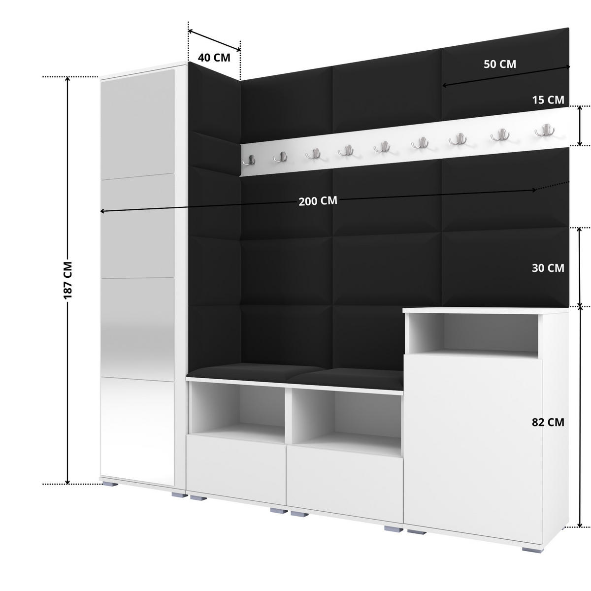 GARDEROBE NELA X 200 cm (Modulare Flurmöbel Weiß mit Spiegel & Sitzpolster Schwarz 16 Schrank + Sideboard) - Silberfarben/Schwarz, Holz/Holzwerkstoff (200/187/40cm) - Ravio