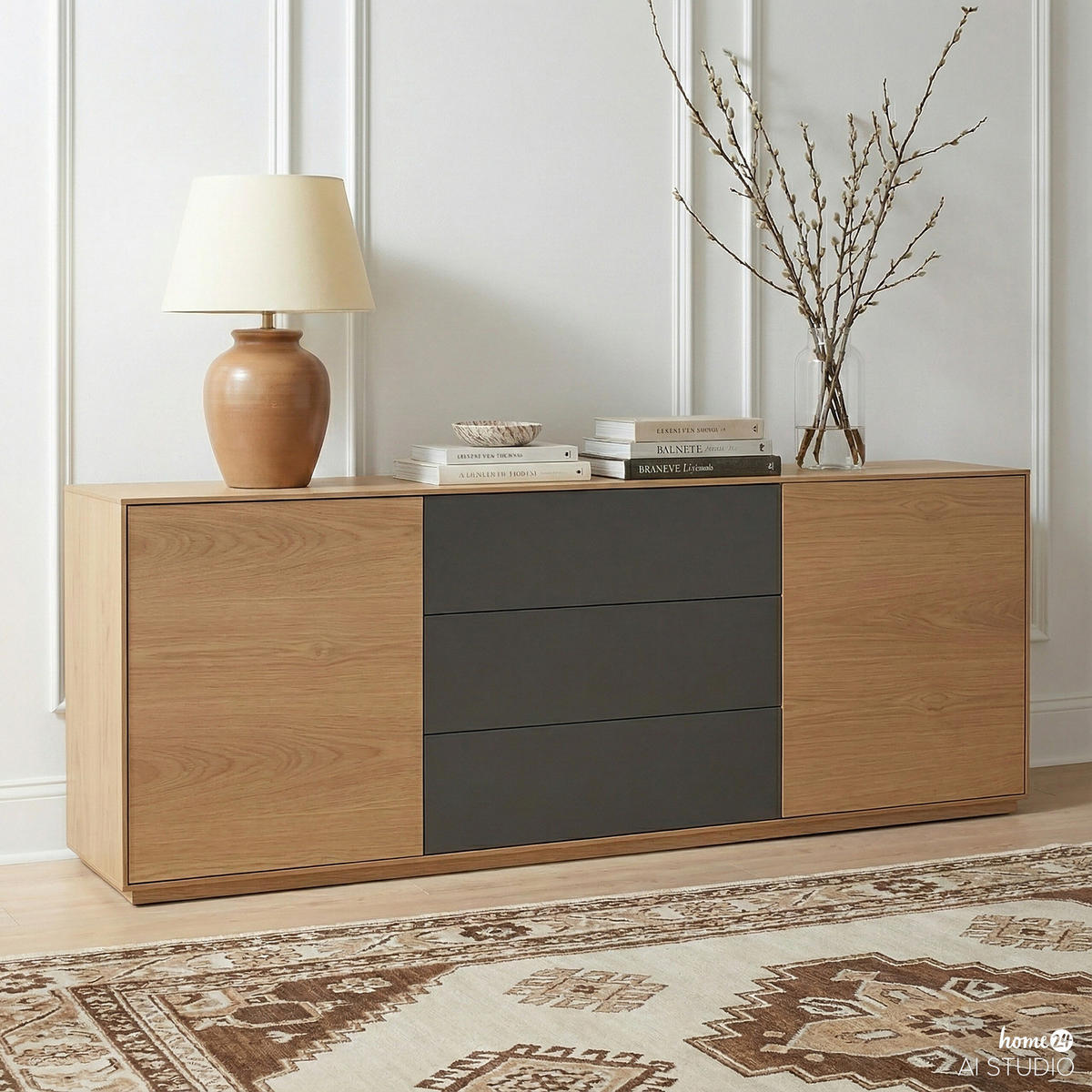 SIDEBOARD - Eiche / Dunkelgrau - Eichefarben/Dunkelgrau, Holzwerkstoff (200/75/45cm) - home24
