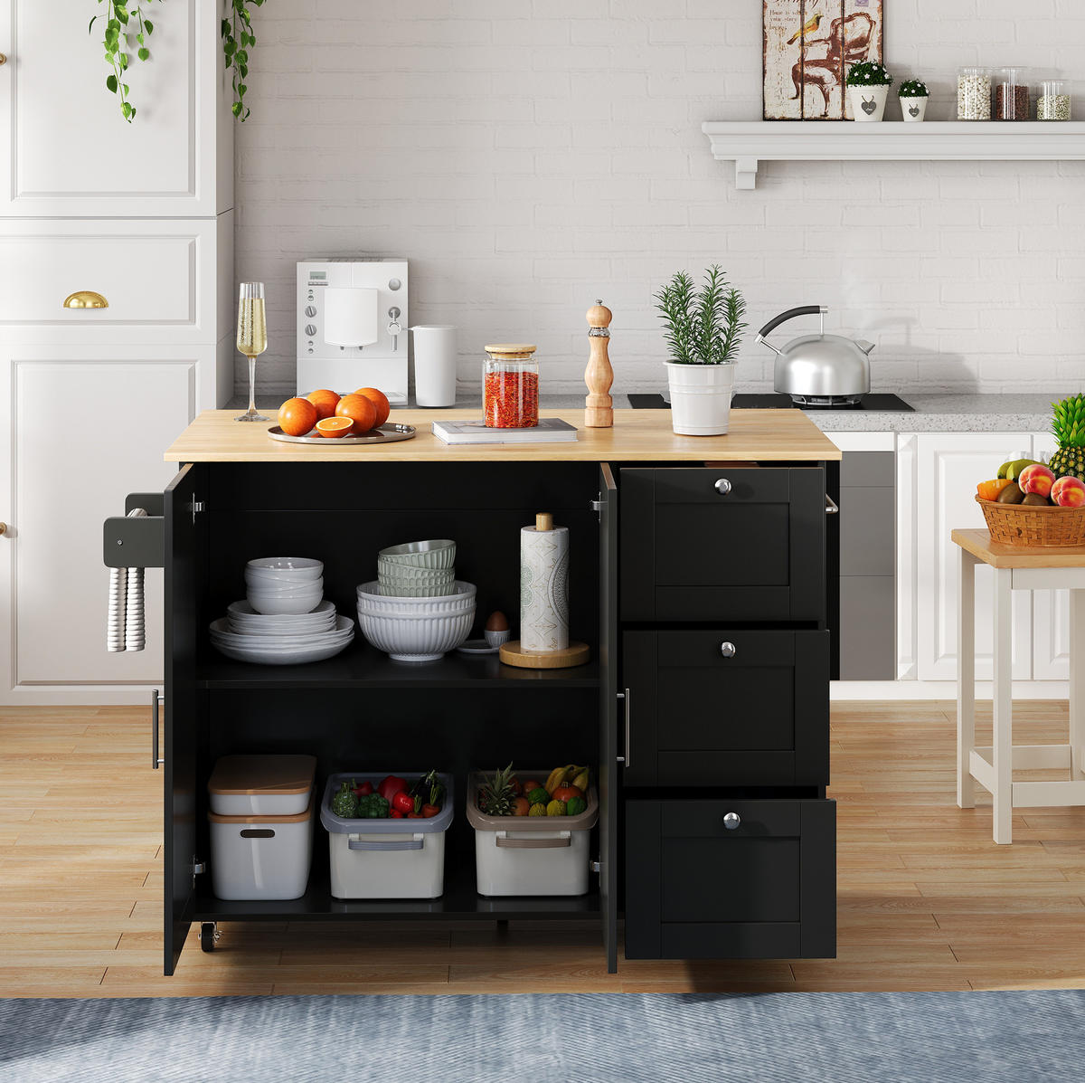 KÜCHENINSEL 135/44-70/90 cm aus MDF mit klappbarer Arbeitsplatte Schwarz/Natur - Schwarz, Holzwerkstoff (135/90/44cm) - Modenvie