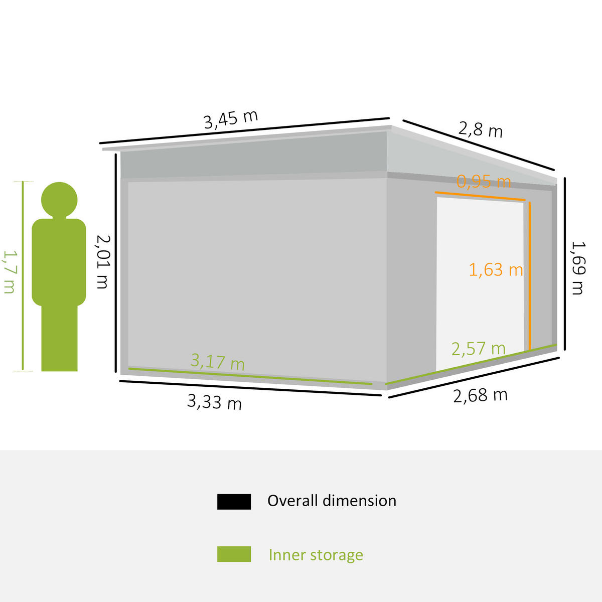 SCHIEBETÜR, 8,9 ㎡ Gerätehaus Stahl-Geräteschuppen mit Pultdach, Gartenschuppen, Grau - Grau, Metall (345/201/280cm) - Outsunny