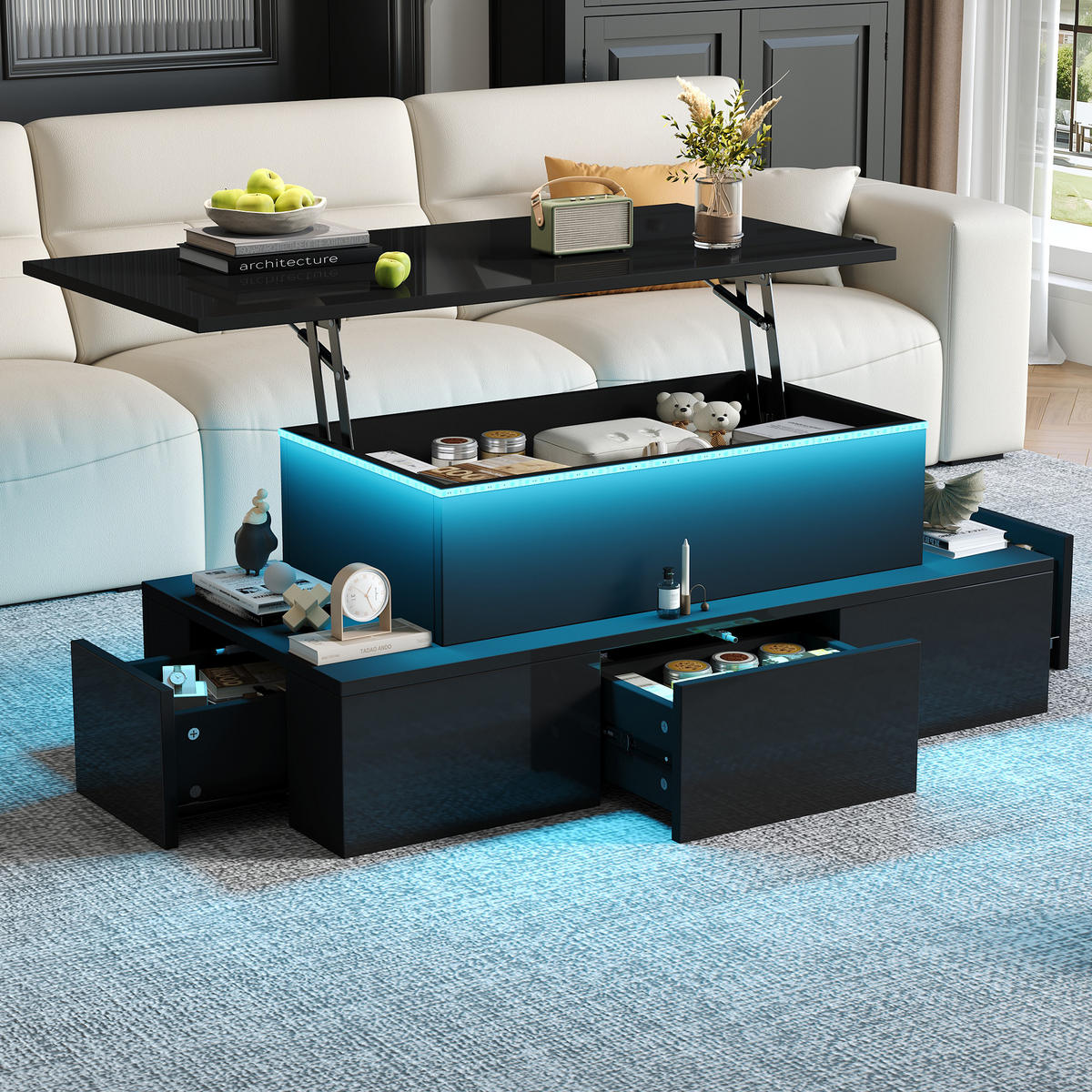 COUCHTISCH 100x50x40 cm Schwarz LED Lift 4 Schubladen Stauraum - Multicolor, Holzwerkstoff (100/50/40cm)