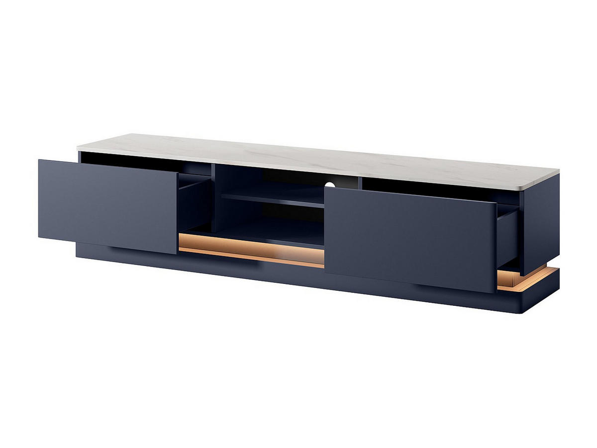 TV-MÖBEL mit 2 Schubladen & 2 Ablagefächer + LED-Beleuchtung - MDF - Blau & Marmor-Optik Weiß - DEVIKA - Blau, Holz (190/44/40cm) - Vente-Unique
