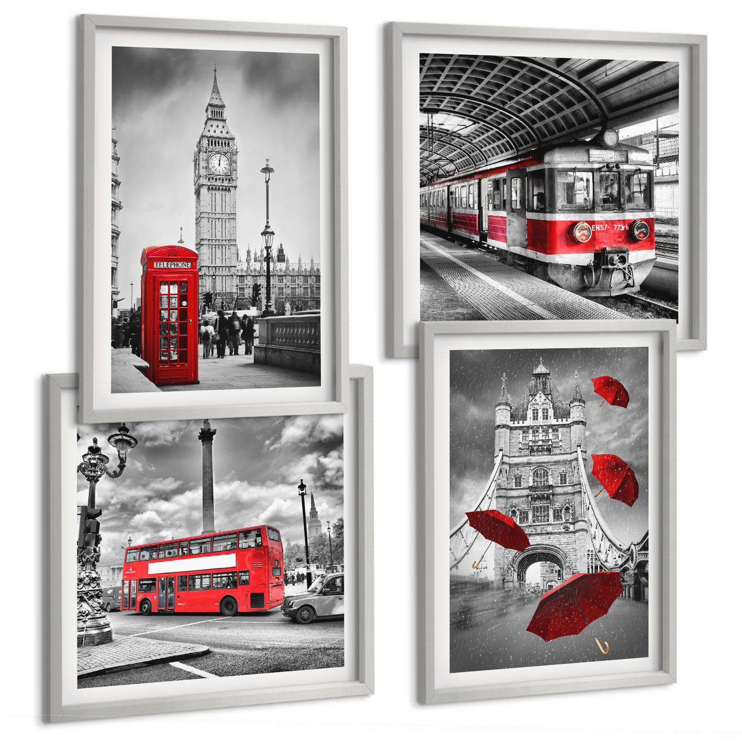 BILDER SET 4er Set - 50x50 cm & 40x60 cm Silberner Rahmen - Red Accents London - Silberfarben, Kunststoff (50/50cm) - TULUP