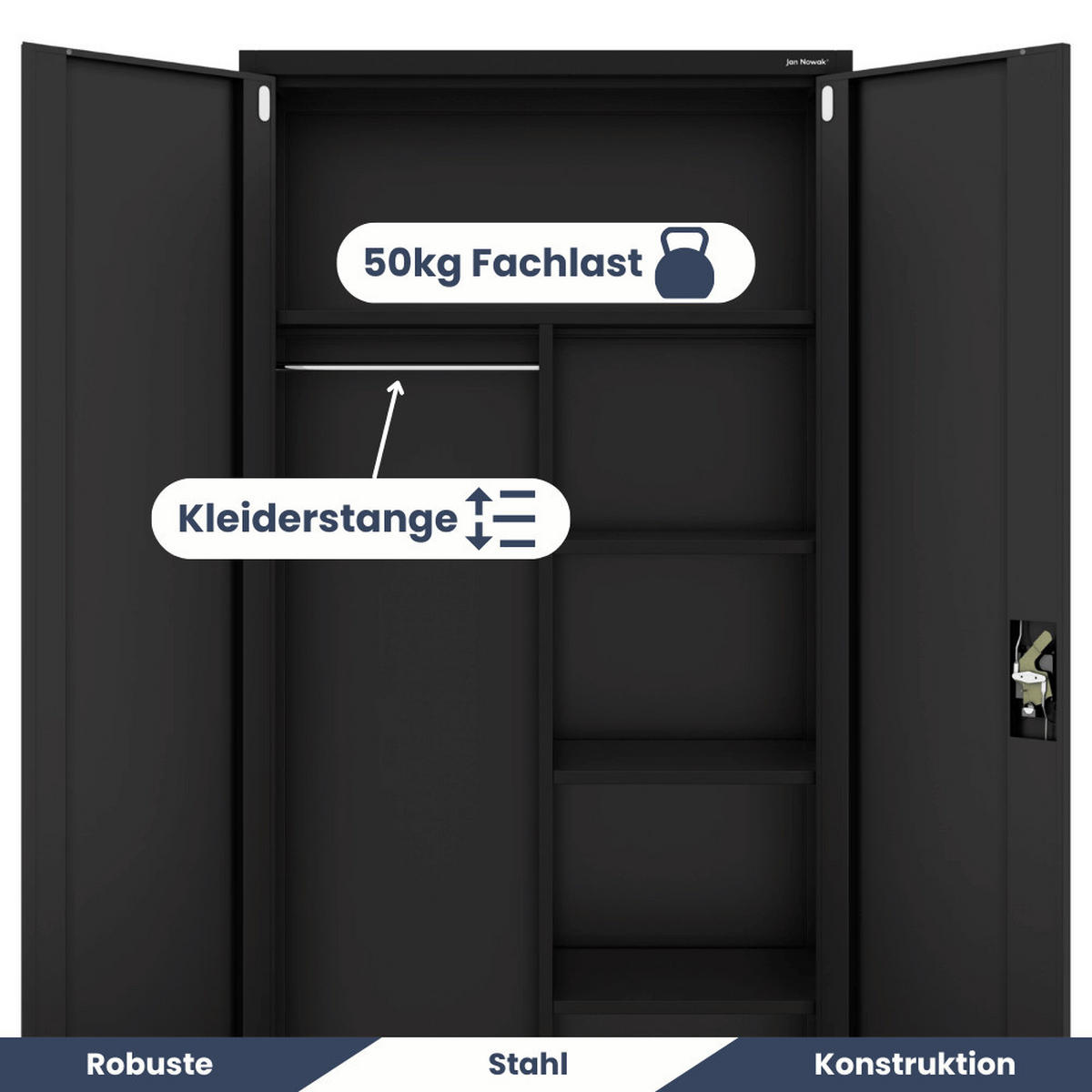 MEHRZWECKSCHRANK Metall abschließbar REKL 185x90x45cm Schwarz - Schwarz, Metall (90/185/45cm) - DELUKE