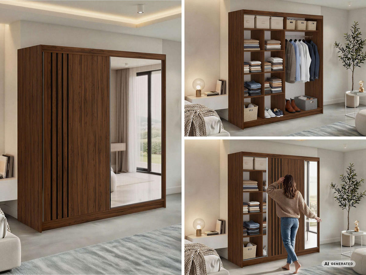 SCHWEBETÜRENSCHRANK mit Lamellen und Spiegel DIANA - 200 - Warmia Walnuss und Schwarz - Walnussfarben/Schwarz, Holzwerkstoff/Metall (200/216/61cm) - MKS