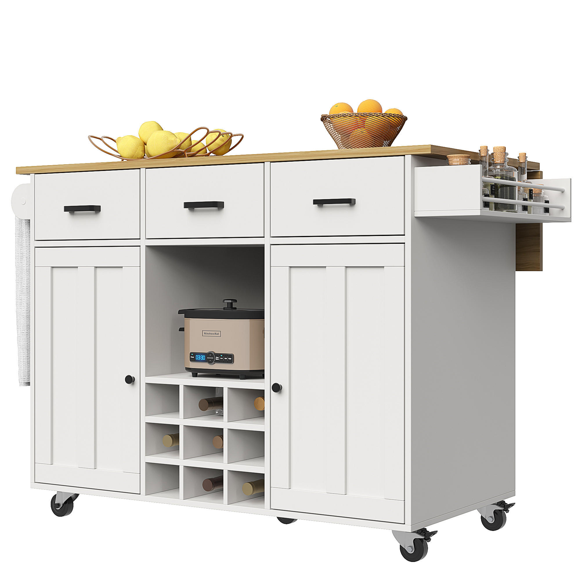 KÜCHENWAGEN 104x39.5x91.5cm Weiß mit 3 Schubladen & Weinrutsche - Weiß, Holzwerkstoff (104/91.5/39.5cm) - Modfu