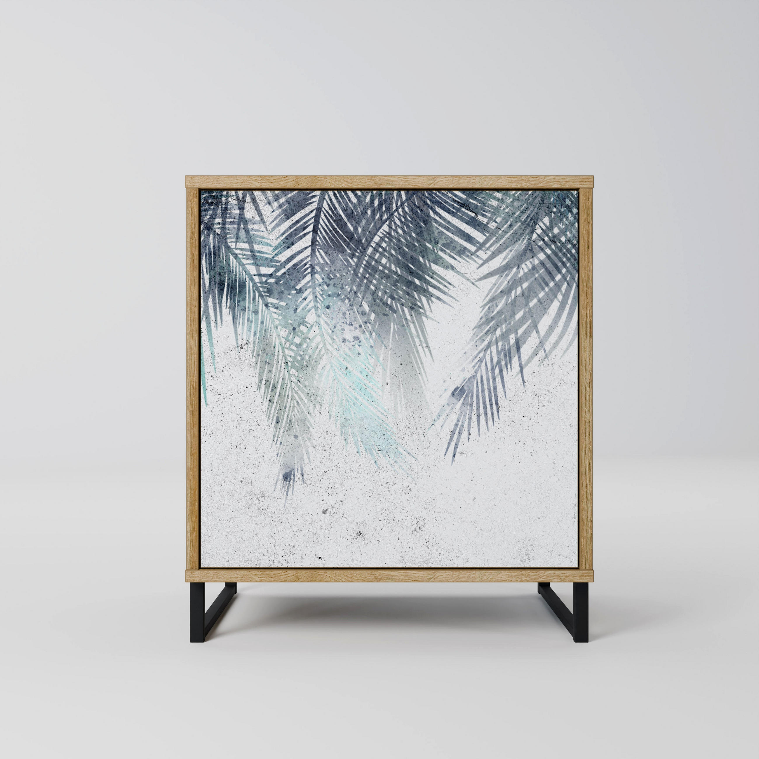 SIDEBOARD PALM VEIL, Eichefarben, 57,5x42x67,5 cm, Schwarze Metall-Rahmenfüße - Eichefarben/Multicolor, Holzwerkstoff/Metall (57.5/67.5/42cm) - SpaceRebels
