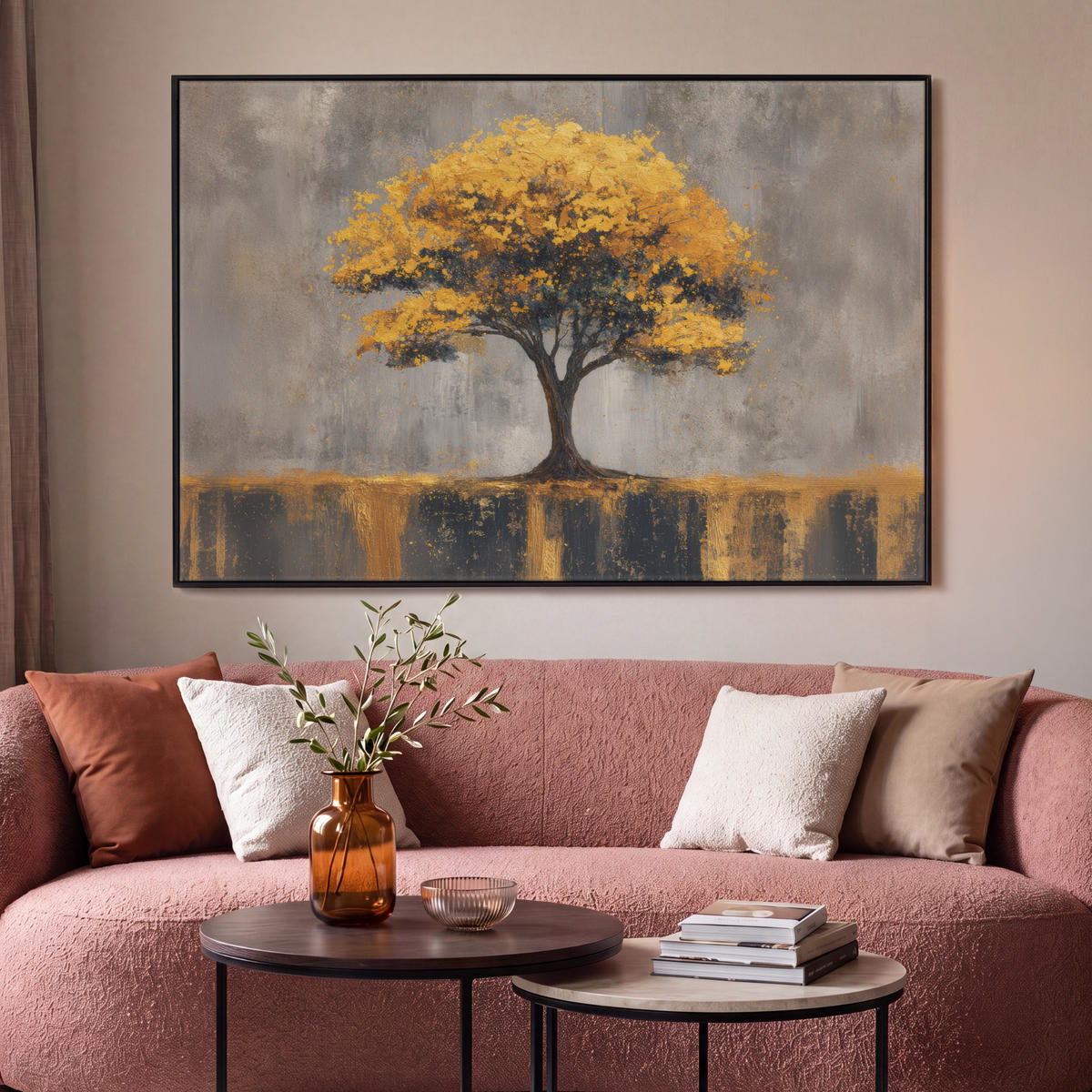 LEINWAND Bilder mit Rahmen - Baum - Blätter - Gold - Abstrakt - 120x80 - Grau, Textil (120/80cm) - MuchoWow