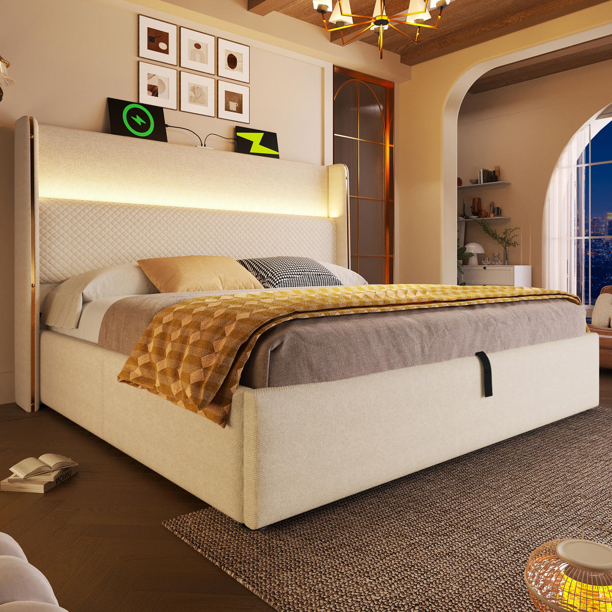 POLSTERBETT mit LED-Beleuchtung 140/200 cm mit Bettkasten & USB/Type-C - Beige, Textil (140/200cm) - BEAOK