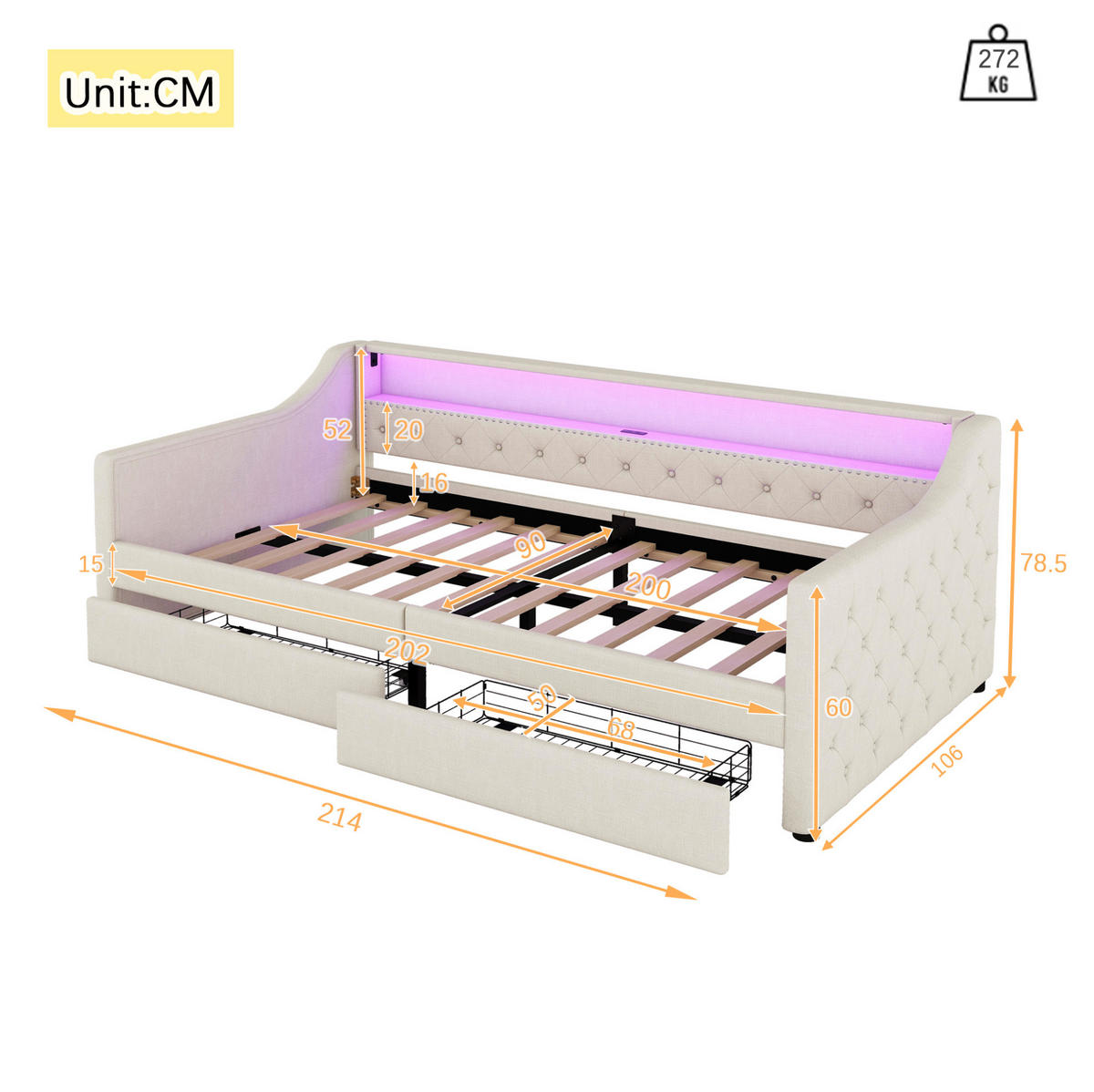 POLSTERBETT 90/200 cm Beige aus Leinen und MDF mit LED-Beleuchtung und 2 Schubladen - Beige, Textil (90/200cm) - OKMYHOME