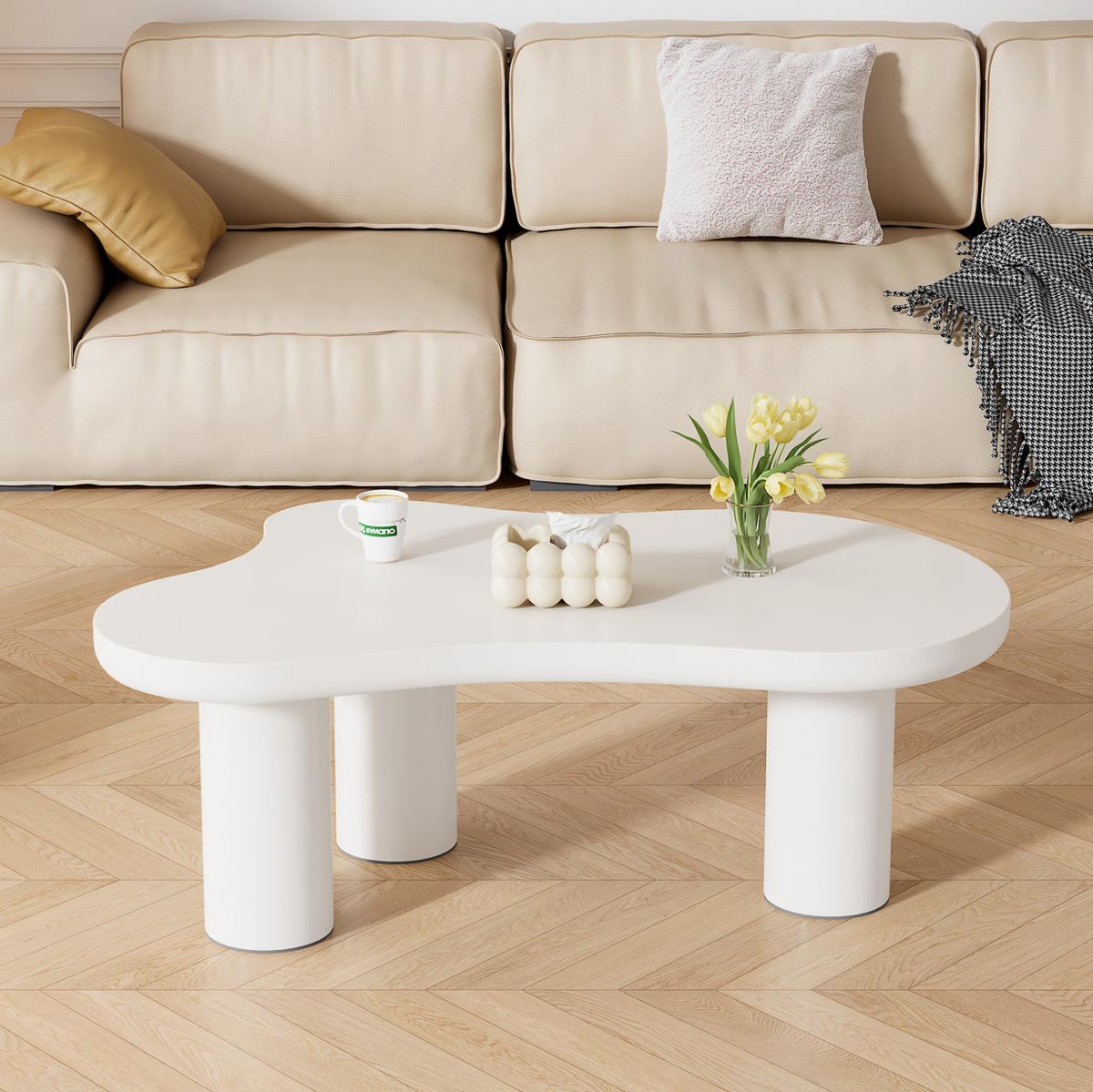 KONFERENČNÍ stolek 107/66/40,5 cm bílý z MDF a PVC v organickém tvaru s filcovými podložkami - bílá, kompozitní dřevo (107/66/40.5cm) - OKWISH