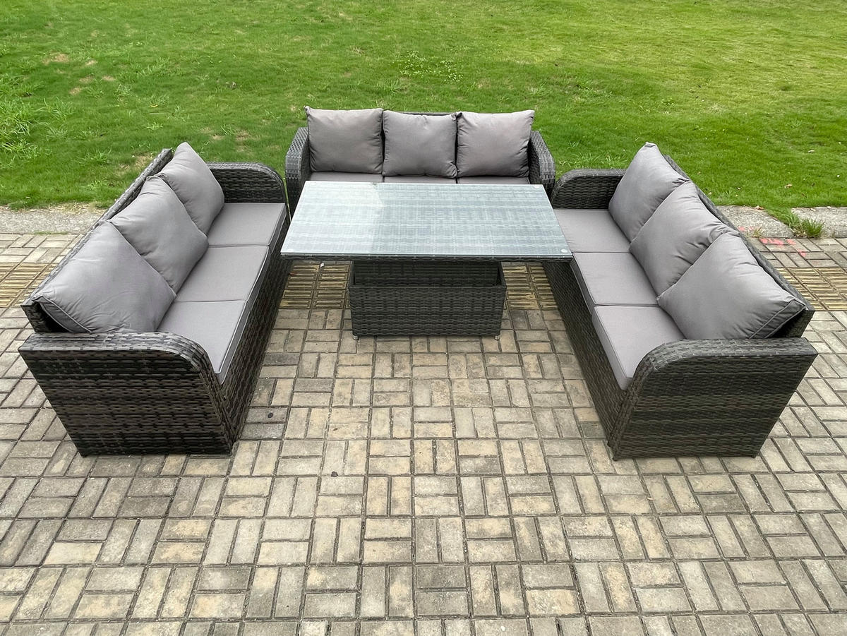 GARTENSOFA SET Polyrattan 9-Sitzer - Dunkelgrau/Grau, Glas/Kunststoff - Fimous