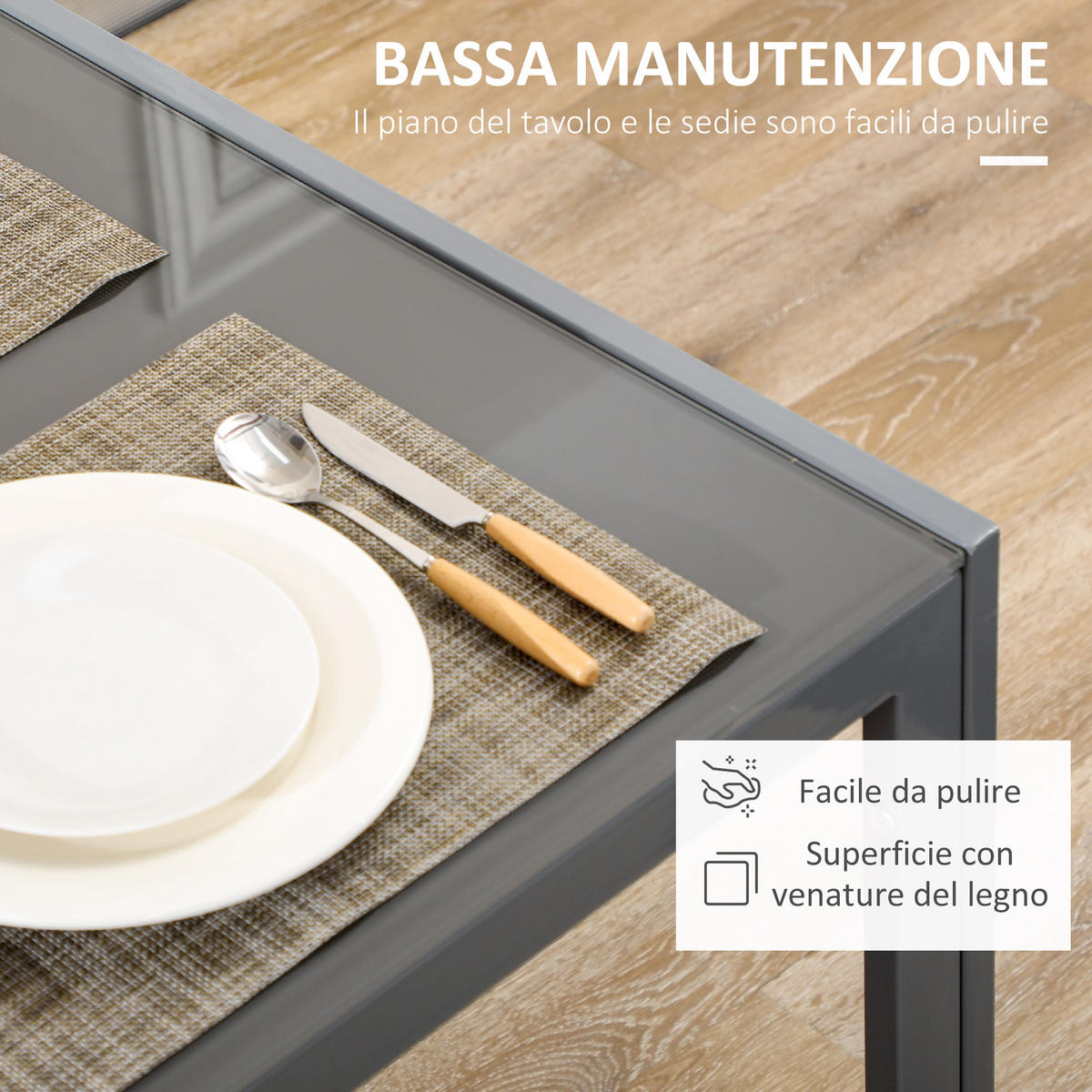 ESSGRUPPE, gehärtetes Glas 5-teilig, grau - Grau, Metall (70/75/120cm) - Vallsero