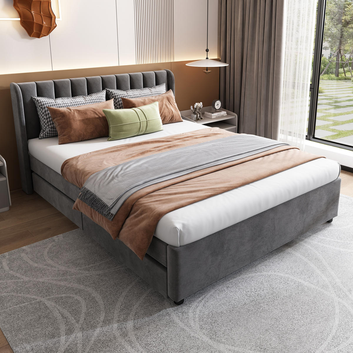 POLSTERBETT 140/200 cm grau mit Lattenrost und 2 Schubladen - Grau, Textil (140/200cm) - OKWISH