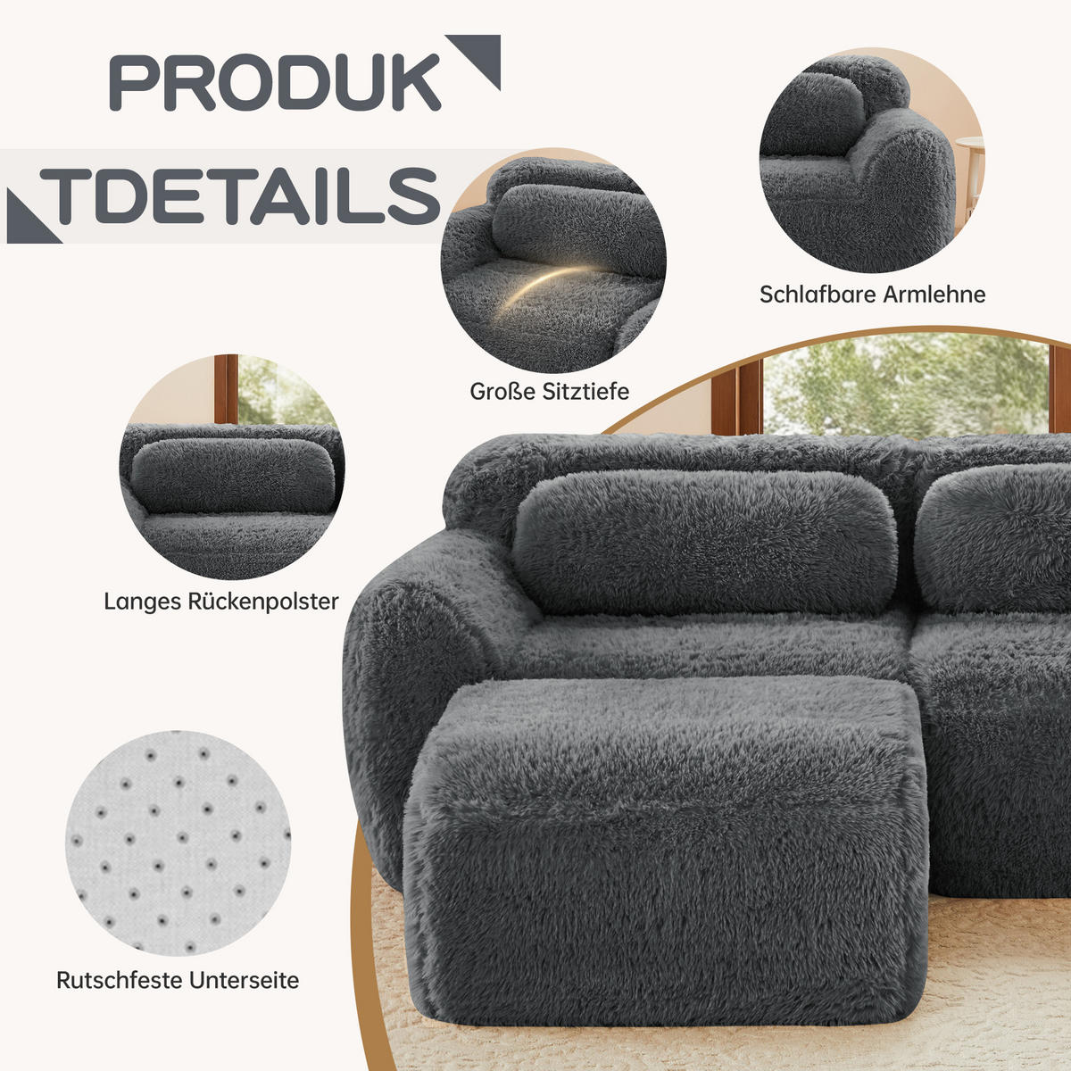 SCHLAFSOFA 3-Sitzer aus Plüschstoff mit 3 Hockern, Grau - Grau, Textil (291/73/179cm)