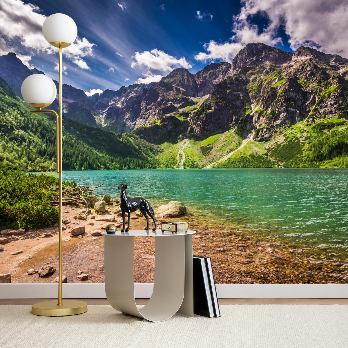 FOTOTAPETE Morskie Oko See Berge Landschaft 3D 250x175 - Türkis/Braun, Papier (250/175cm) - Muralo