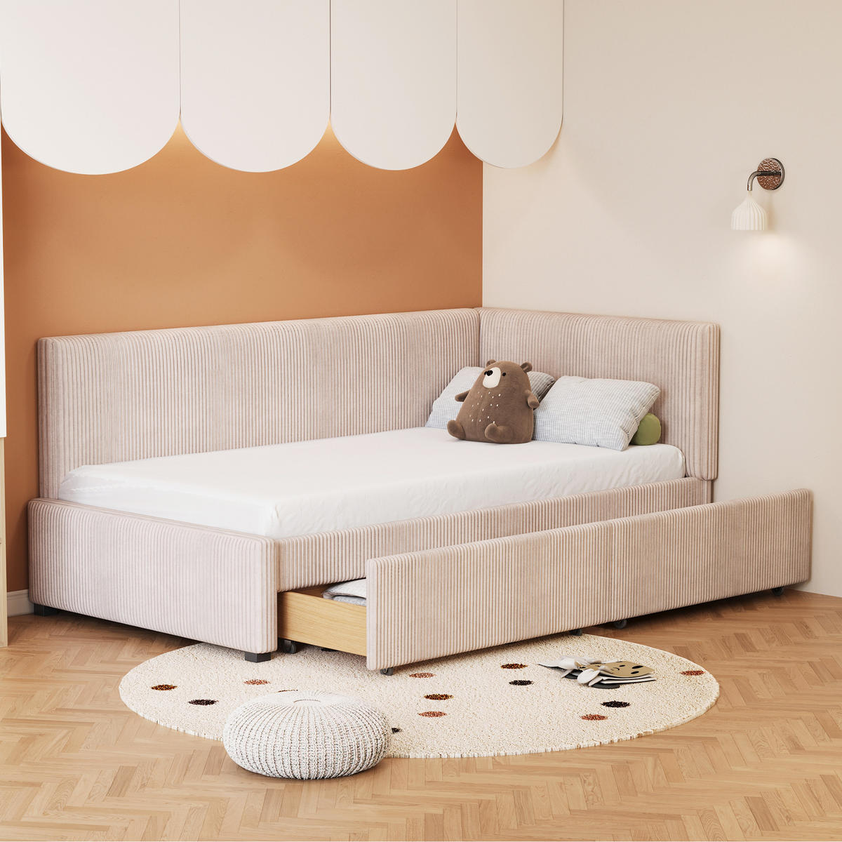 KINDERBETT 90/200 cm DE-01911, in Beige, mit Sofafunktion und 2 Schubladen - Beige, Holzwerkstoff (90/200cm) - ComfortXL